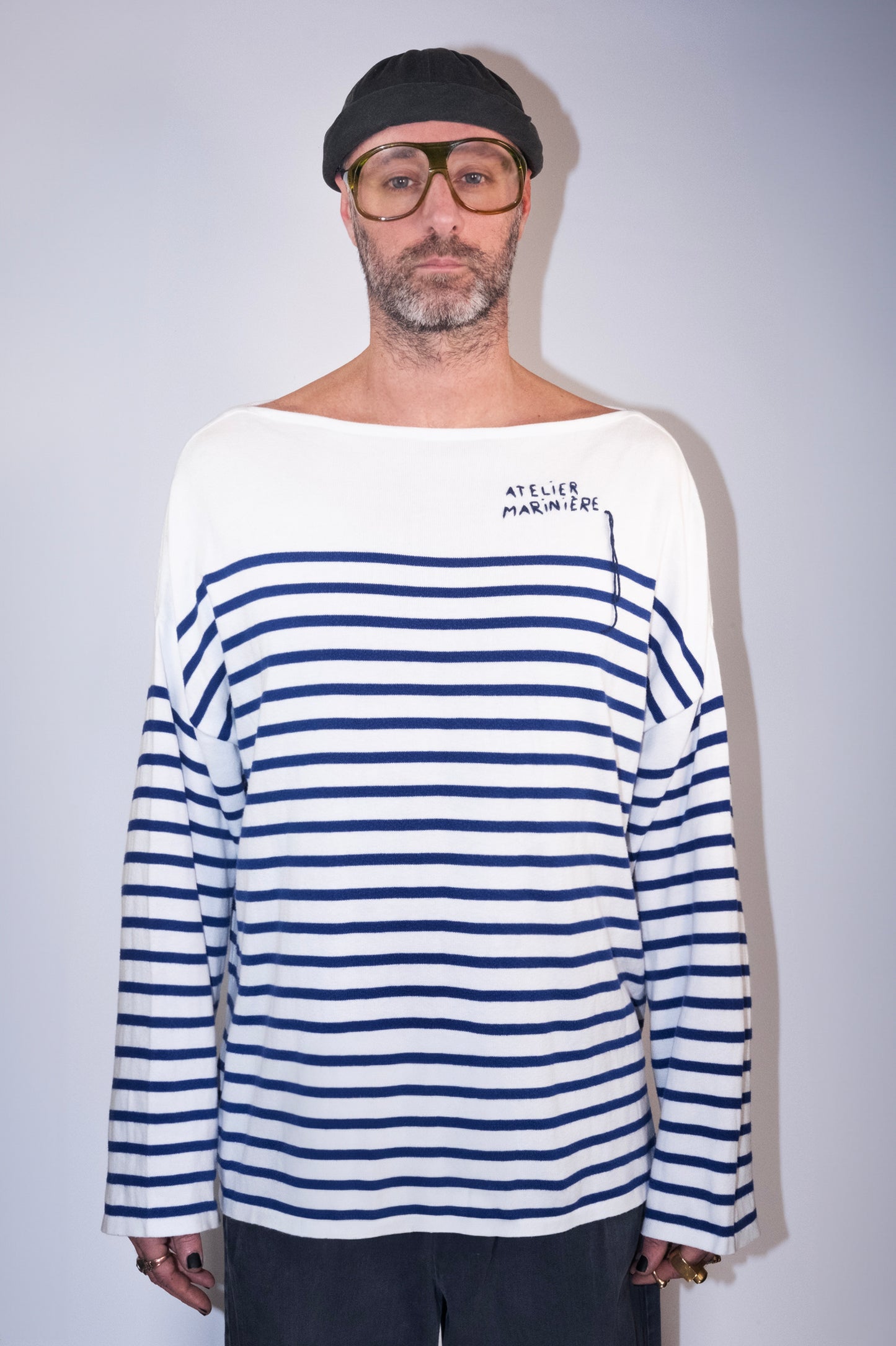 Men's Striped Breton Shirt - 100% Organic Cotton - Boat Neck - White / Blue Stripes