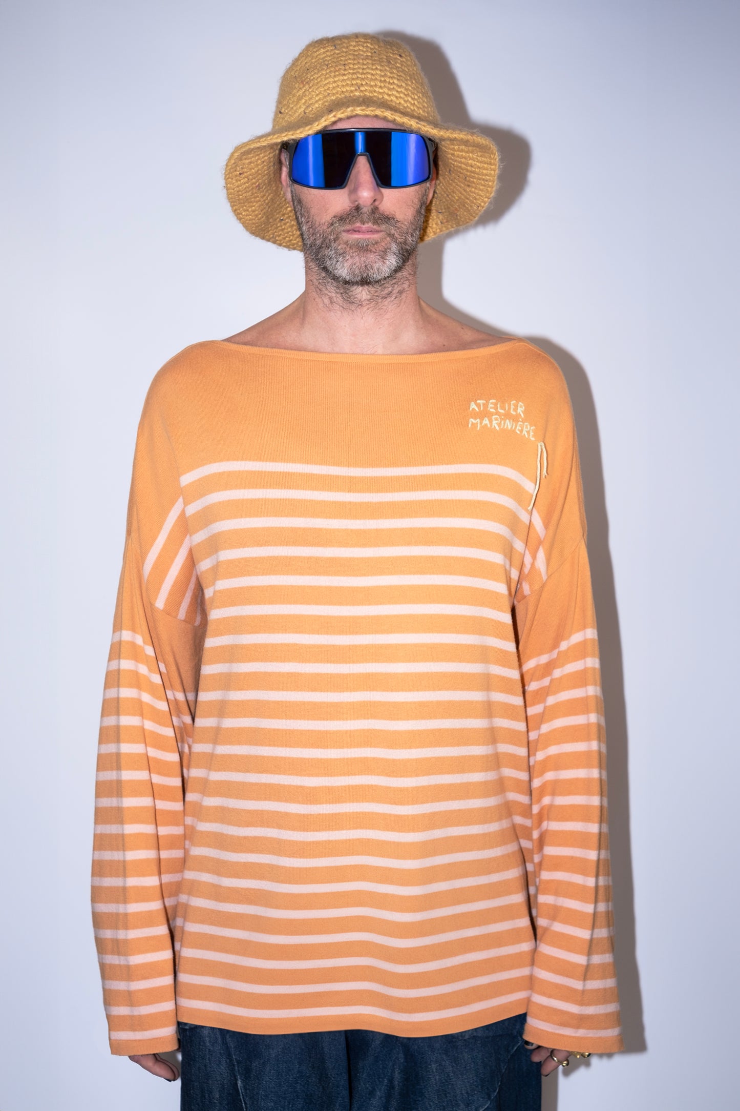 Men's Striped Breton Shirt - 100% Organic Cotton - Boat Neck - Cognac / Powder Stripes