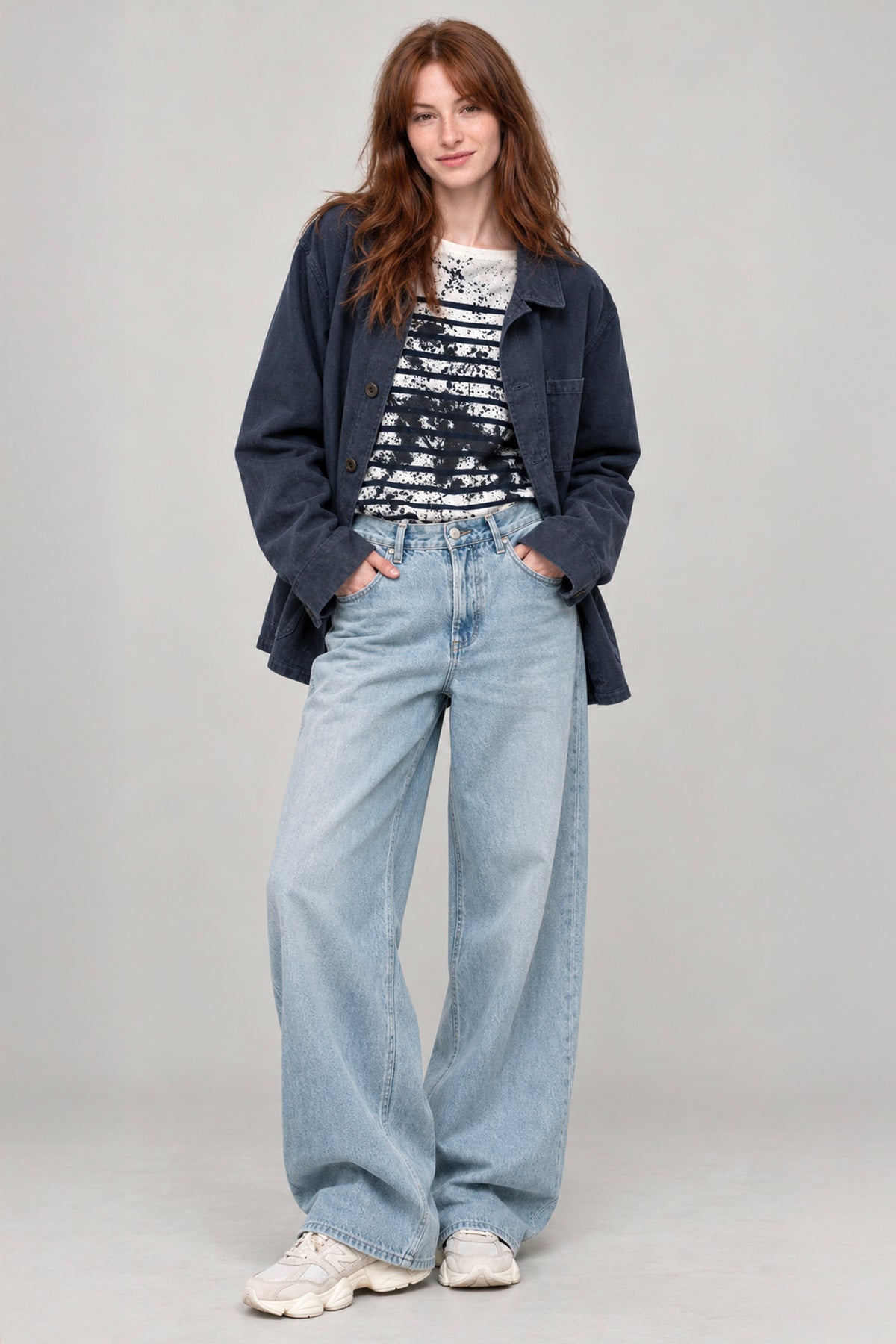 Women's French Work Jacket, 100% Cotton, Navy Blue