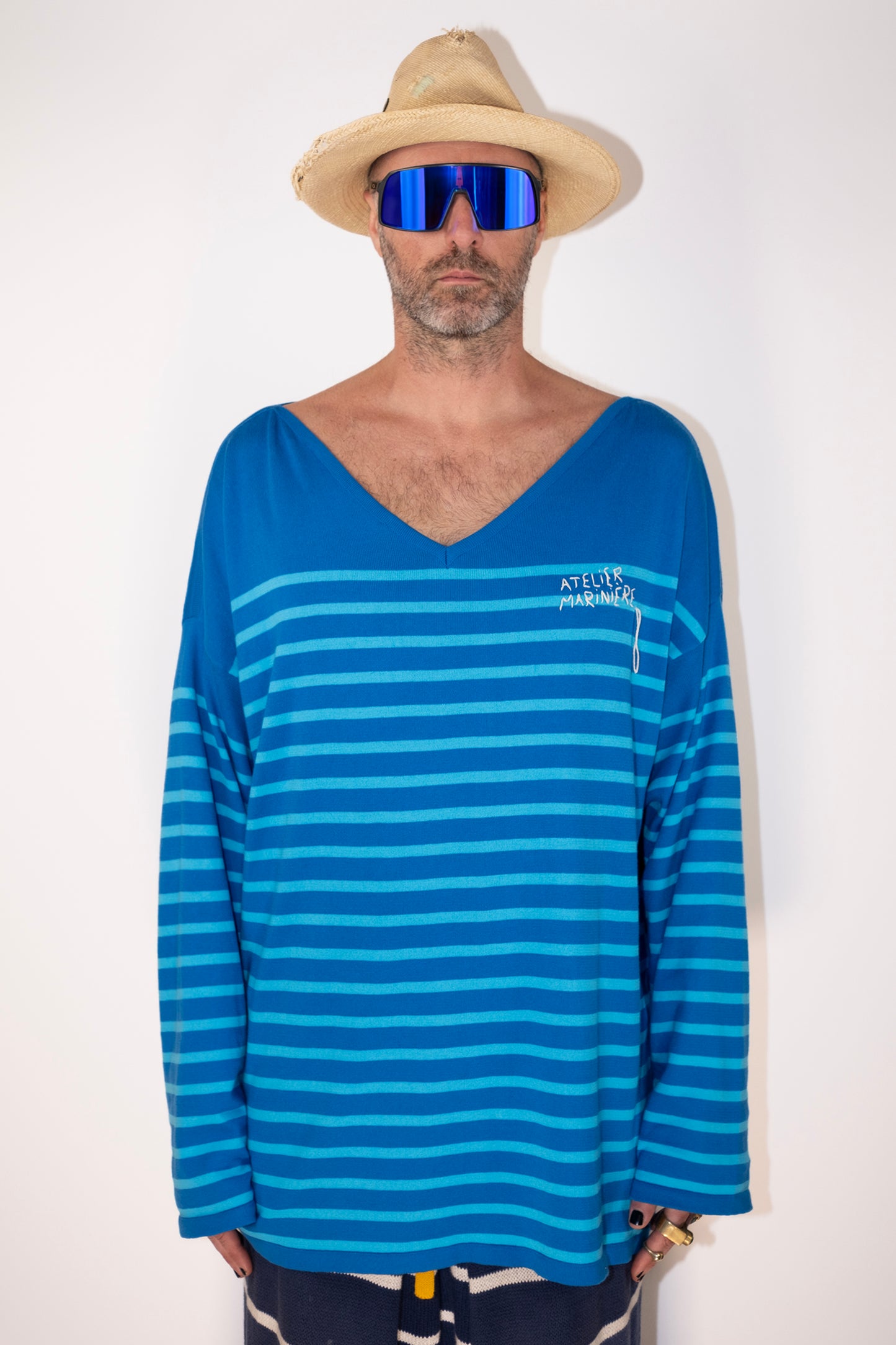 Men's Striped Breton Shirt - 100% Organic Cotton - V-Neck - Blue / Light Blue Stripes