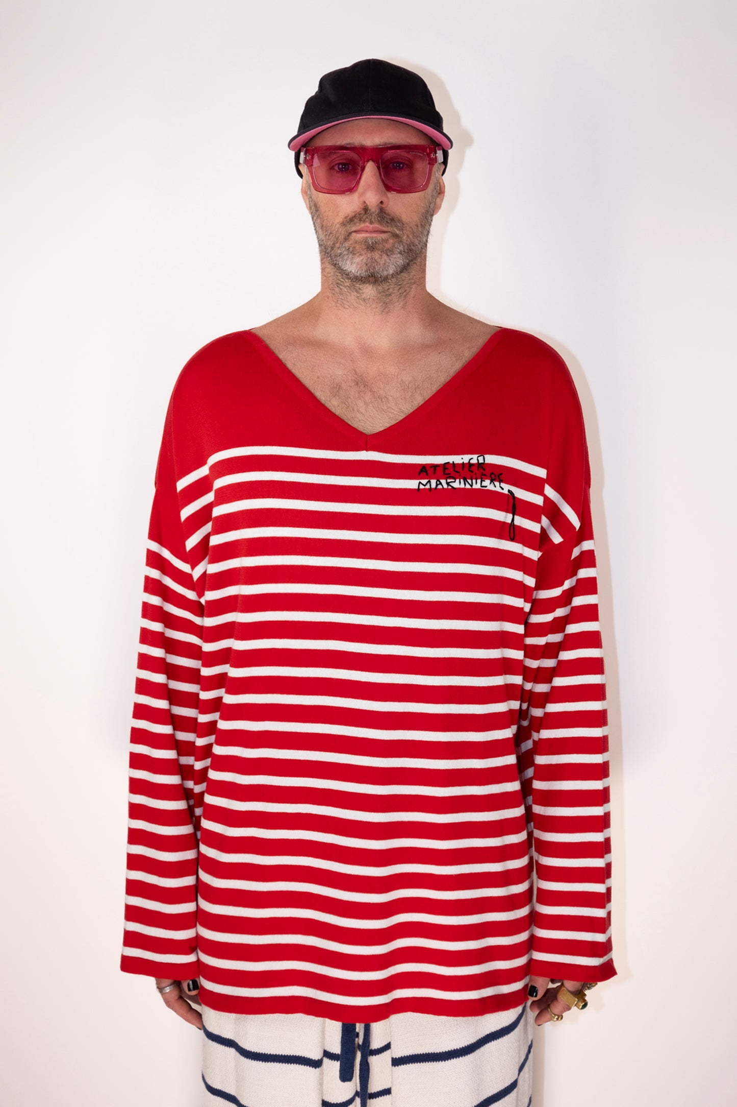 Men's Striped Breton Shirt - 100% Organic Cotton - V-Neck - Red / White Stripes
