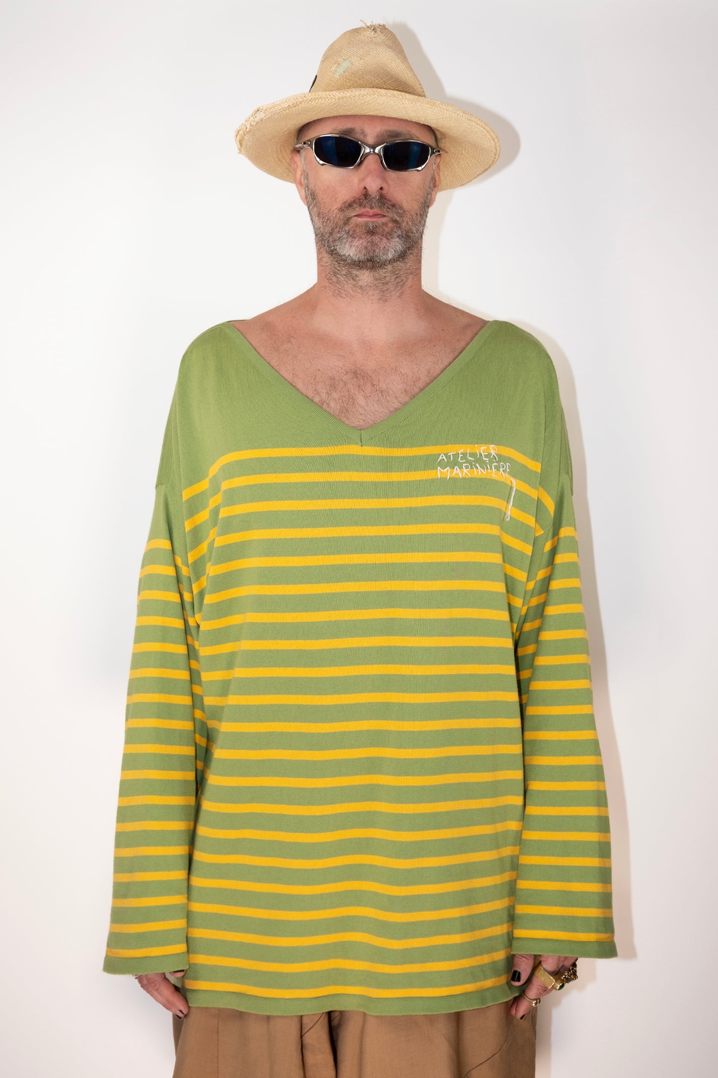Men's Striped Breton Shirt - 100% Organic Cotton - V-Neck - Green / Mango Stripes