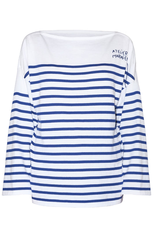 Men's Striped Breton Shirt - 100% Organic Cotton - Boat Neck - White / Blue Stripes