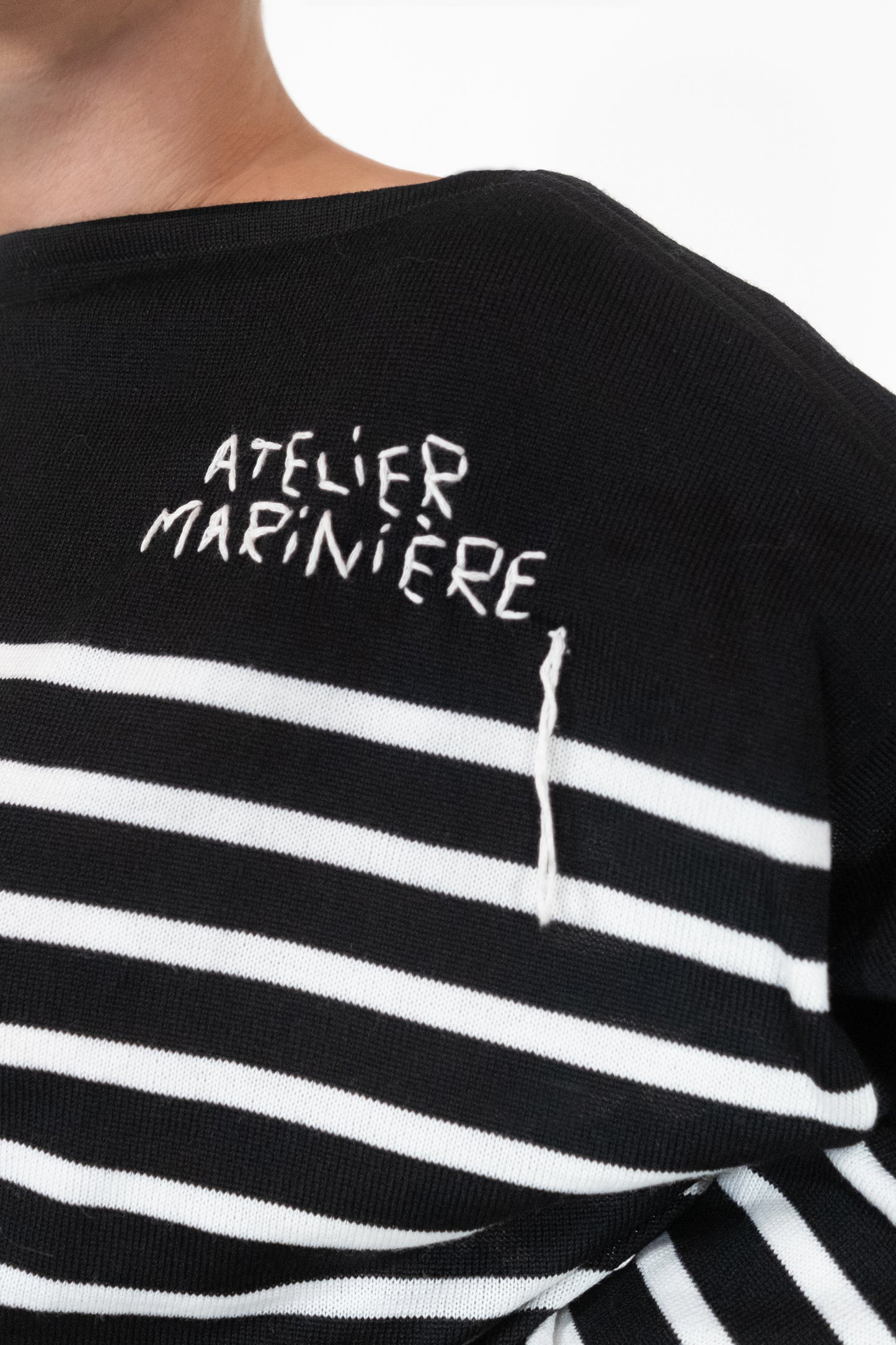 Women's Striped Breton Shirt - 100% Merino Wool - Boat Neck - Black / White Stripes