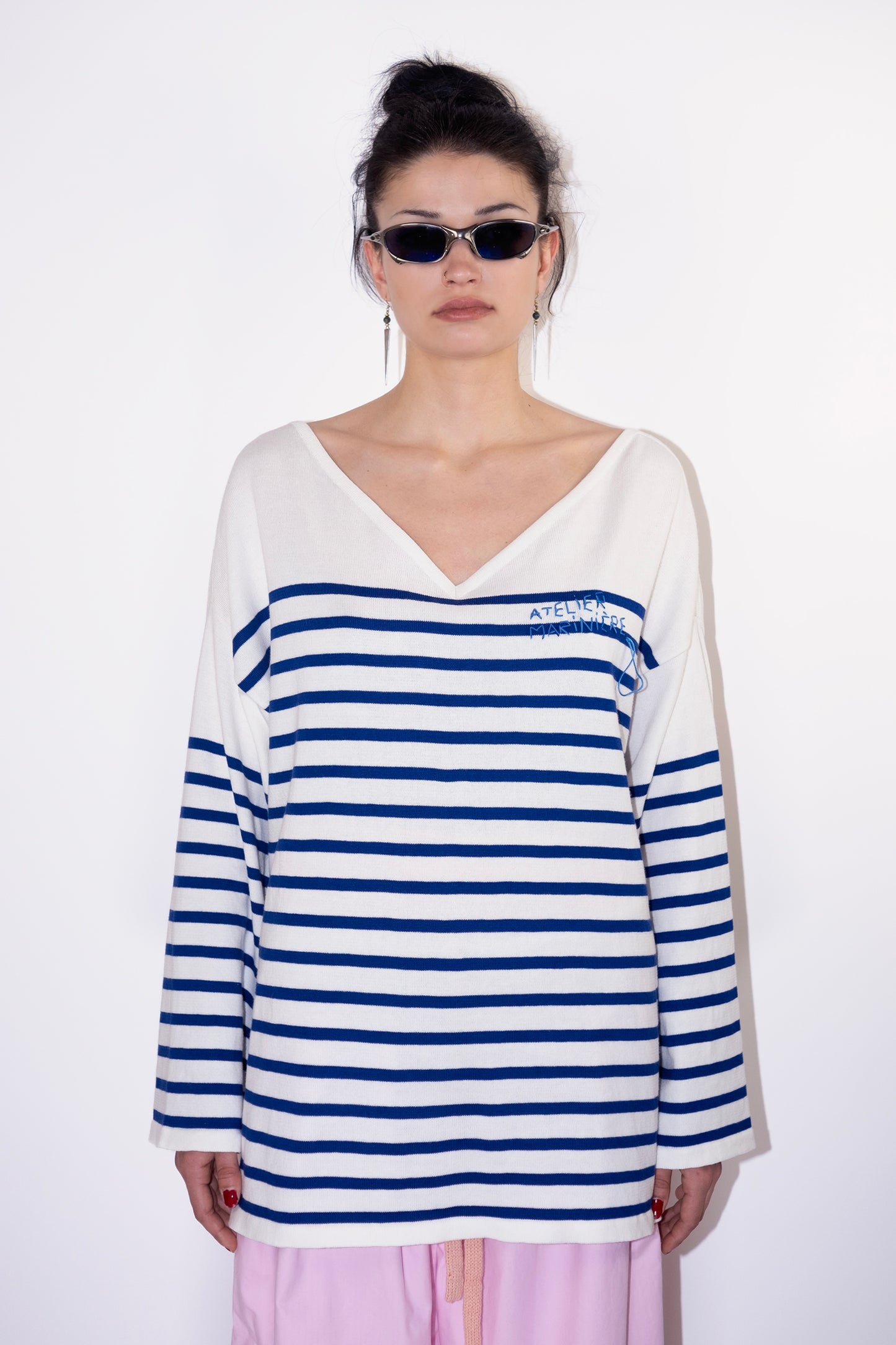 Women's Striped Breton Shirt - 100% Organic Cotton - V-Neck - White / Blue Stripes