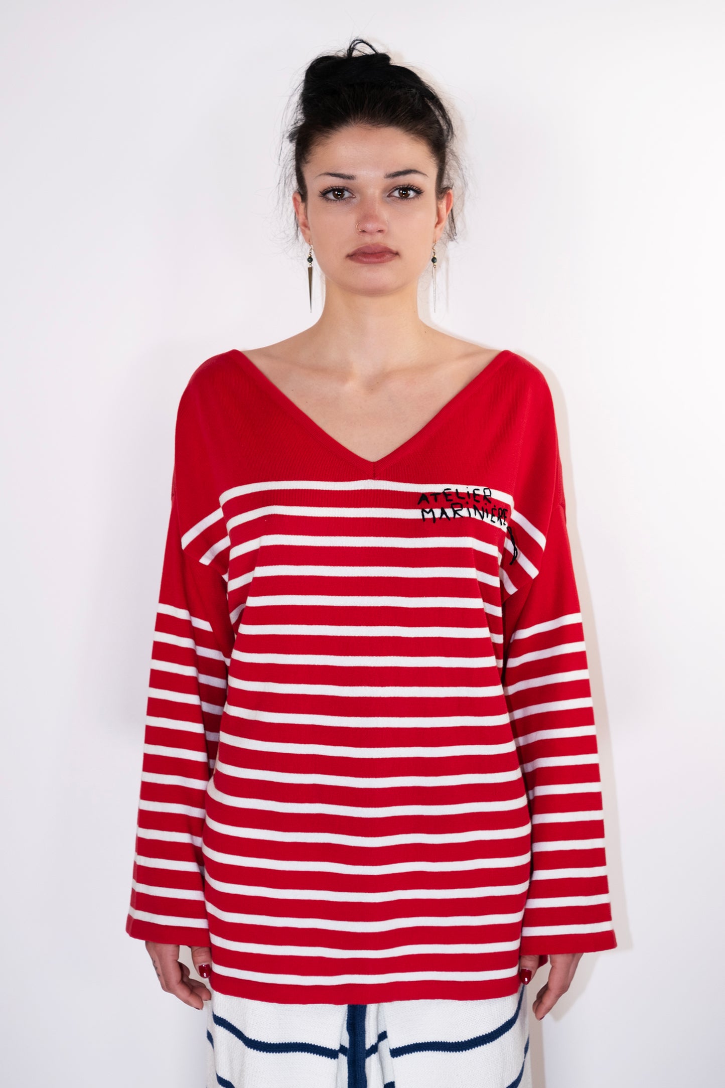 Women's Striped Breton Shirt - 100% Organic Cotton - V-Neck - Red / White Stripes
