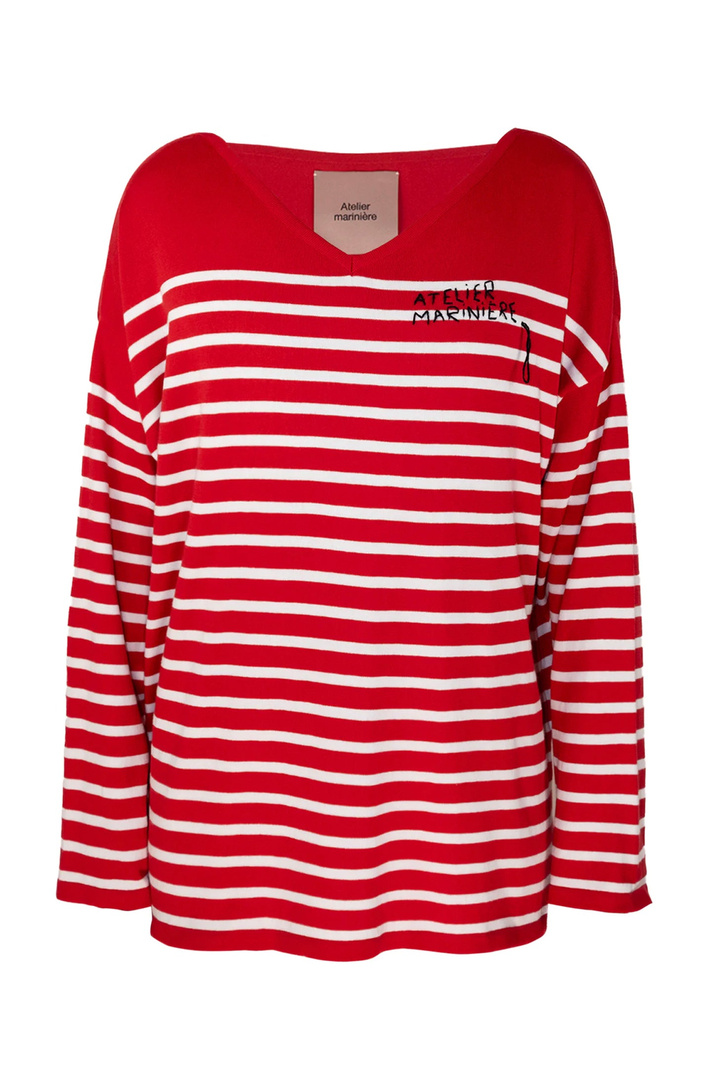 Men's Striped Breton Shirt - 100% Organic Cotton - V-Neck - Red / White Stripes