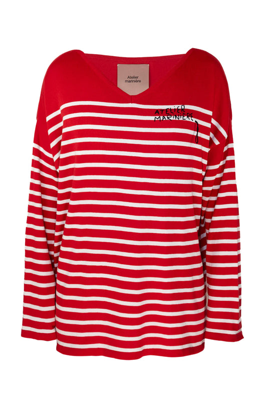 Men's Striped Breton Shirt - 100% Organic Cotton - V-Neck - Red / White Stripes