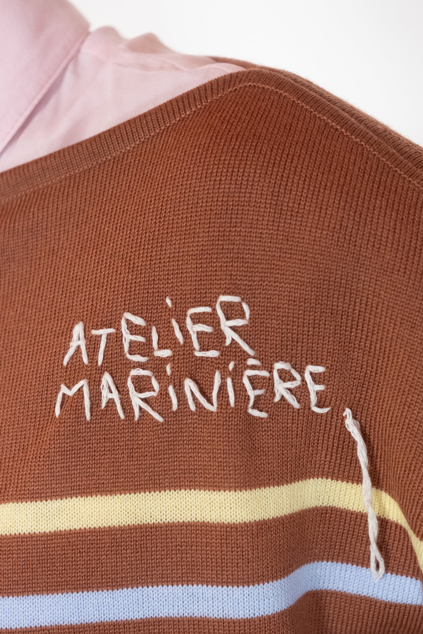 Women's Striped Breton Shirt - 100% Merino Wool - Boat Neck - Copper Brown / Light Blue Stripes
