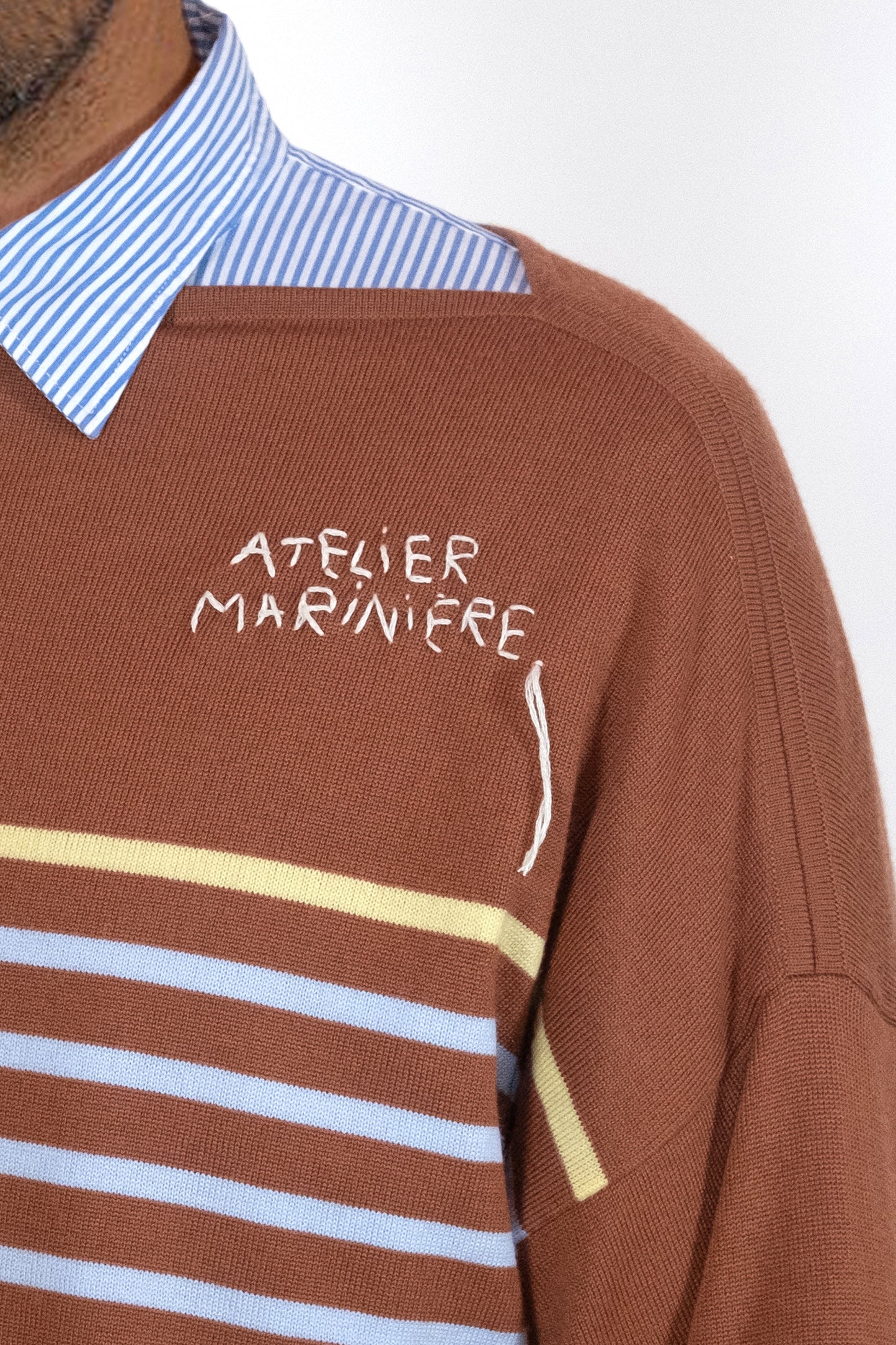 Men's Striped Breton Shirt - 100% Merino Wool - Boat Neck - Copper Brown / Light Blue Stripes