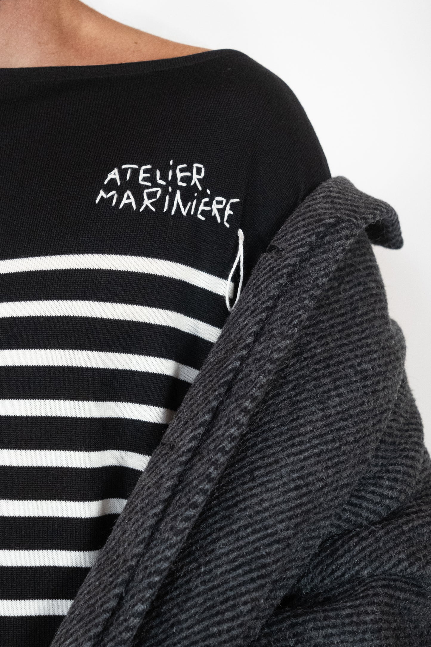 Men's Striped Breton Shirt - 100% Merino Wool - Boat Neck - Black / White Stripes