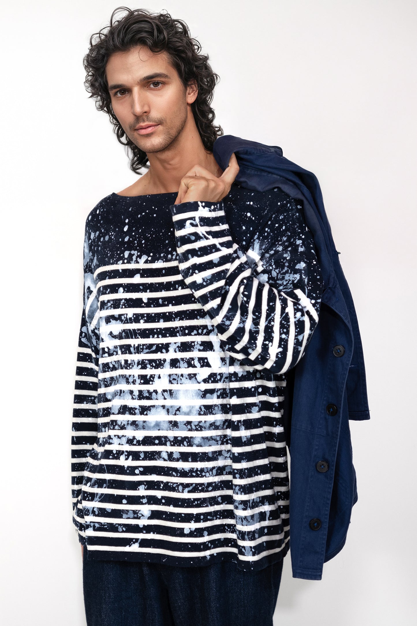 Handcrafted men's tie-dye shirt with subtle stains, fashion-forward stripes for a contemporary style