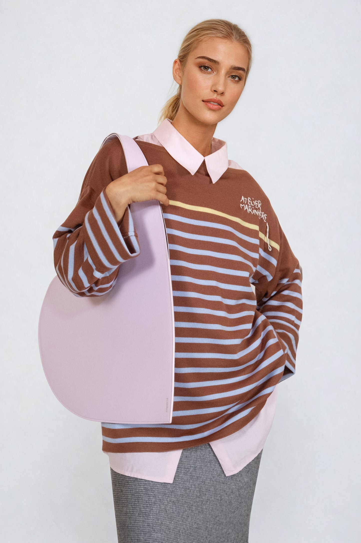 Women's Striped Breton Shirt - 100% Merino Wool - Boat Neck - Copper Brown / Light Blue Stripes