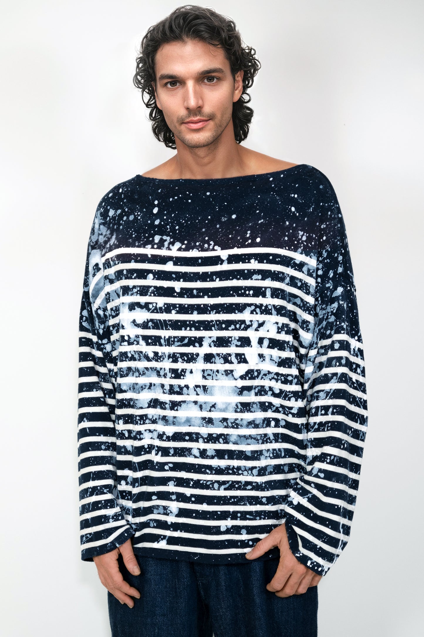 Unique men's Breton shirt with navy and white stripes, inspired by Jean Paul Gaultier's fashion-forward style
