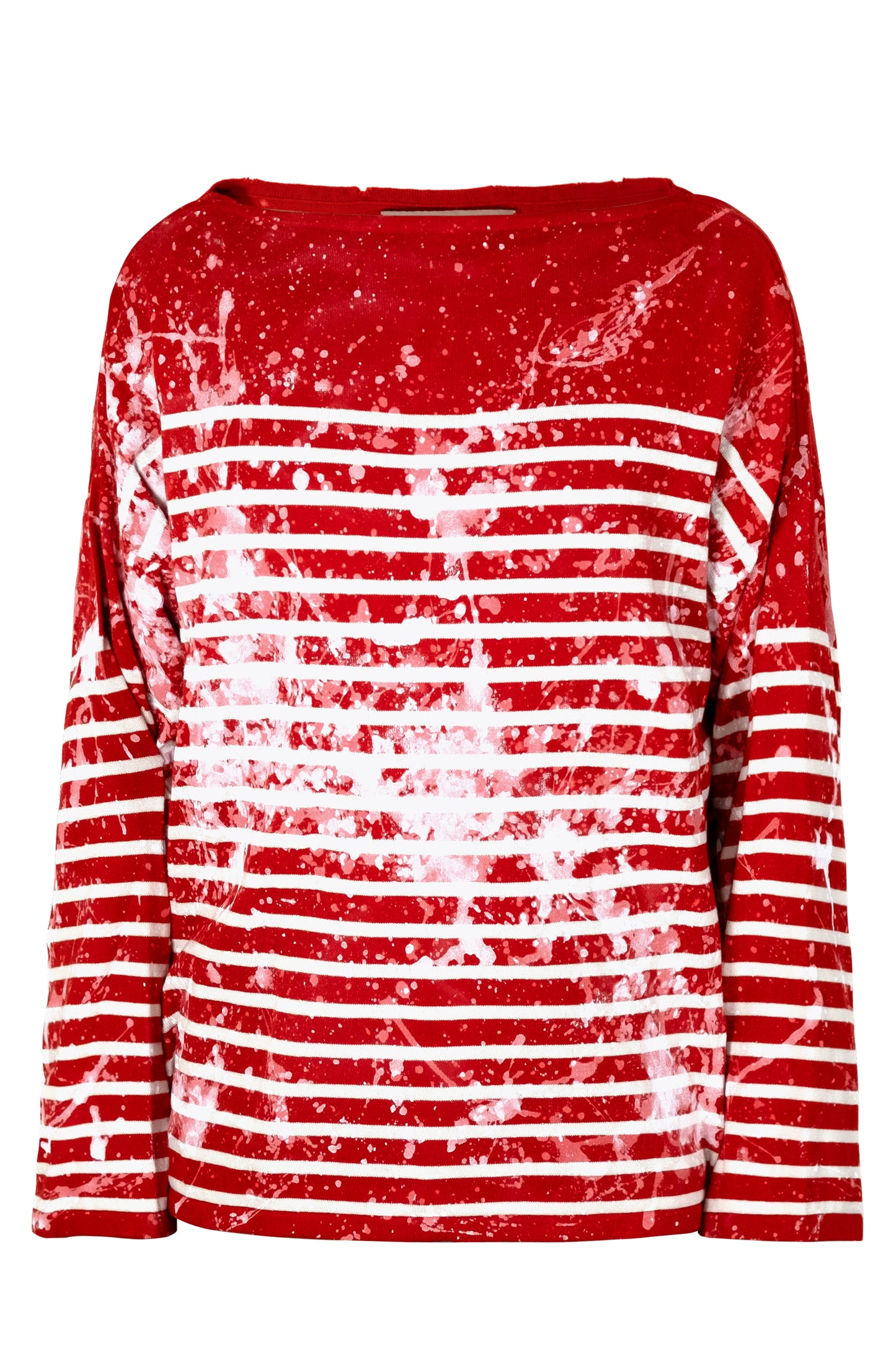 Men's red and white tie-dye Breton shirt with boat neckline, front view