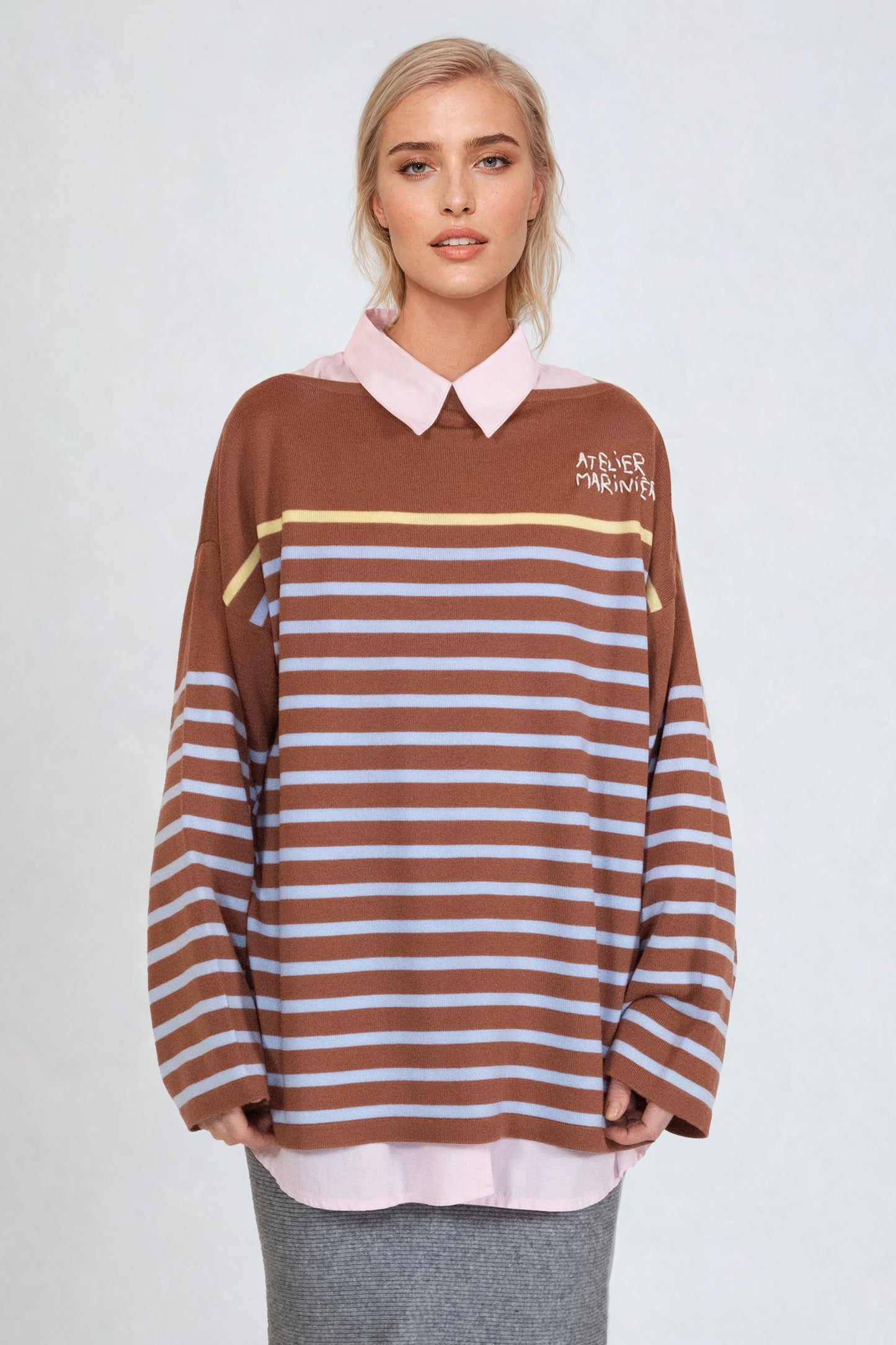 Women's Striped Breton Shirt - 100% Merino Wool - Boat Neck - Copper Brown / Light Blue Stripes