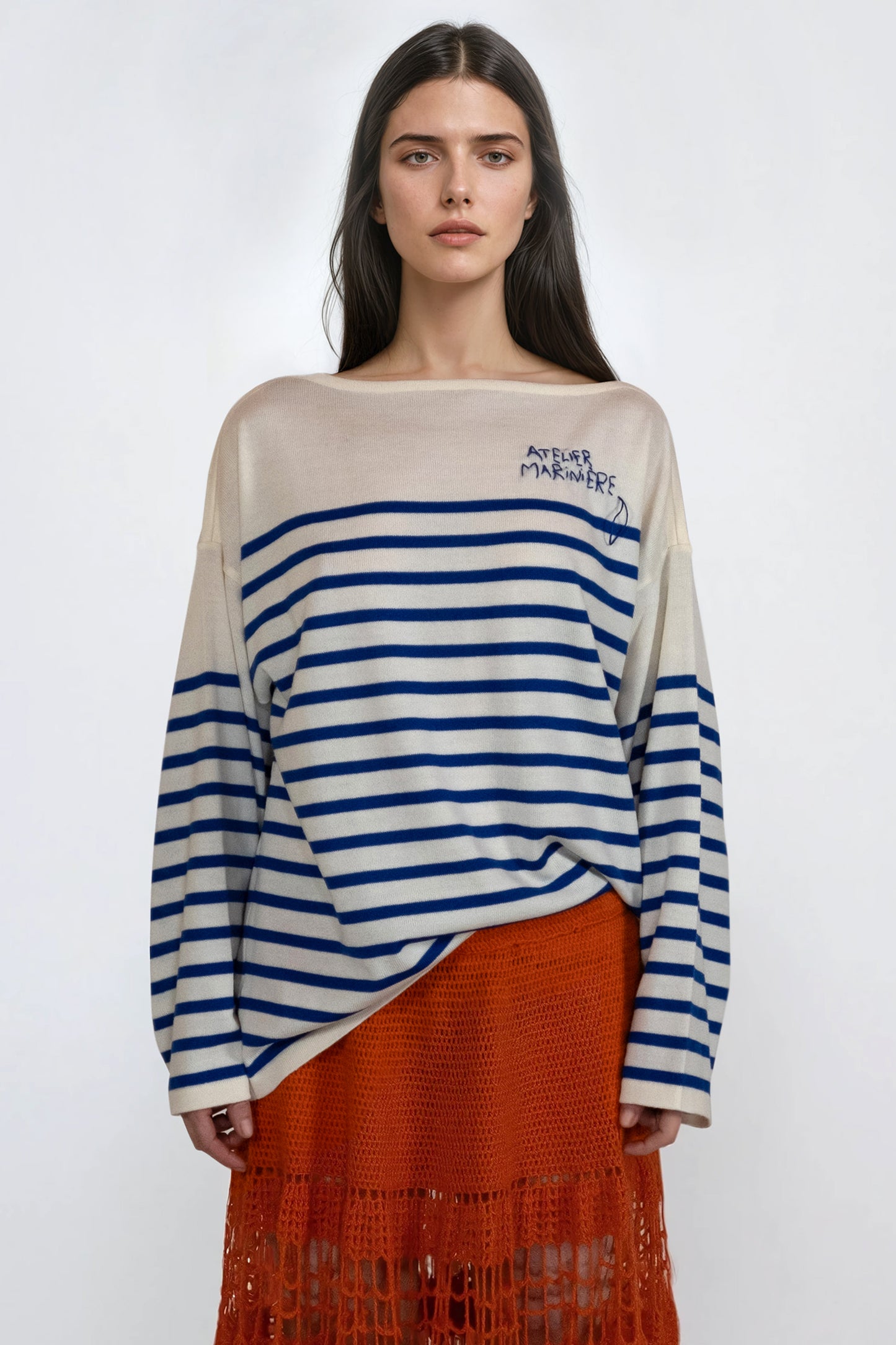 Women's Striped Breton Shirt - 100% Merino Wool - Boat Neck - Cream / Blue Stripes