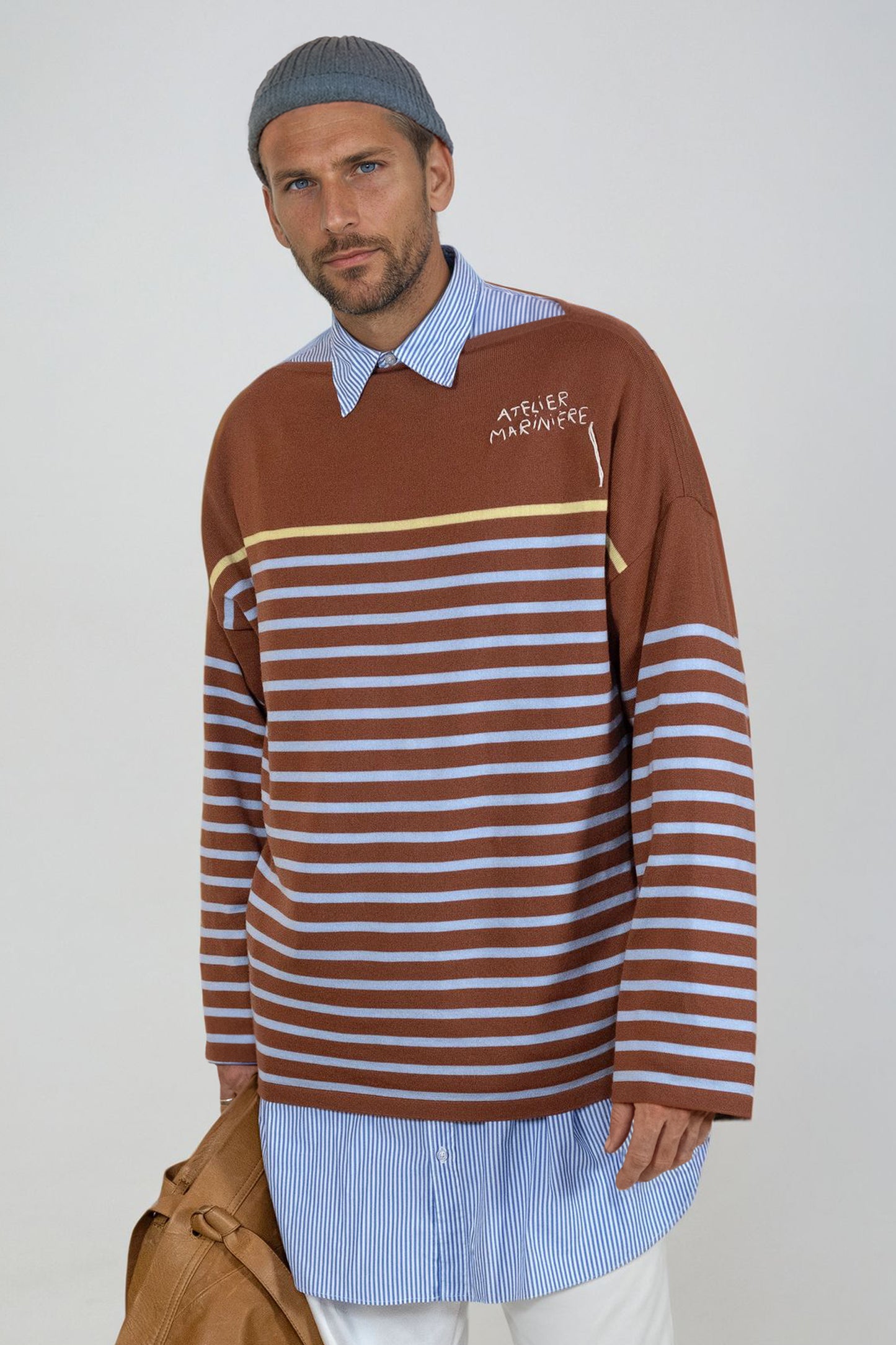 Men's Striped Breton Shirt - 100% Merino Wool - Boat Neck - Copper Brown / Light Blue Stripes
