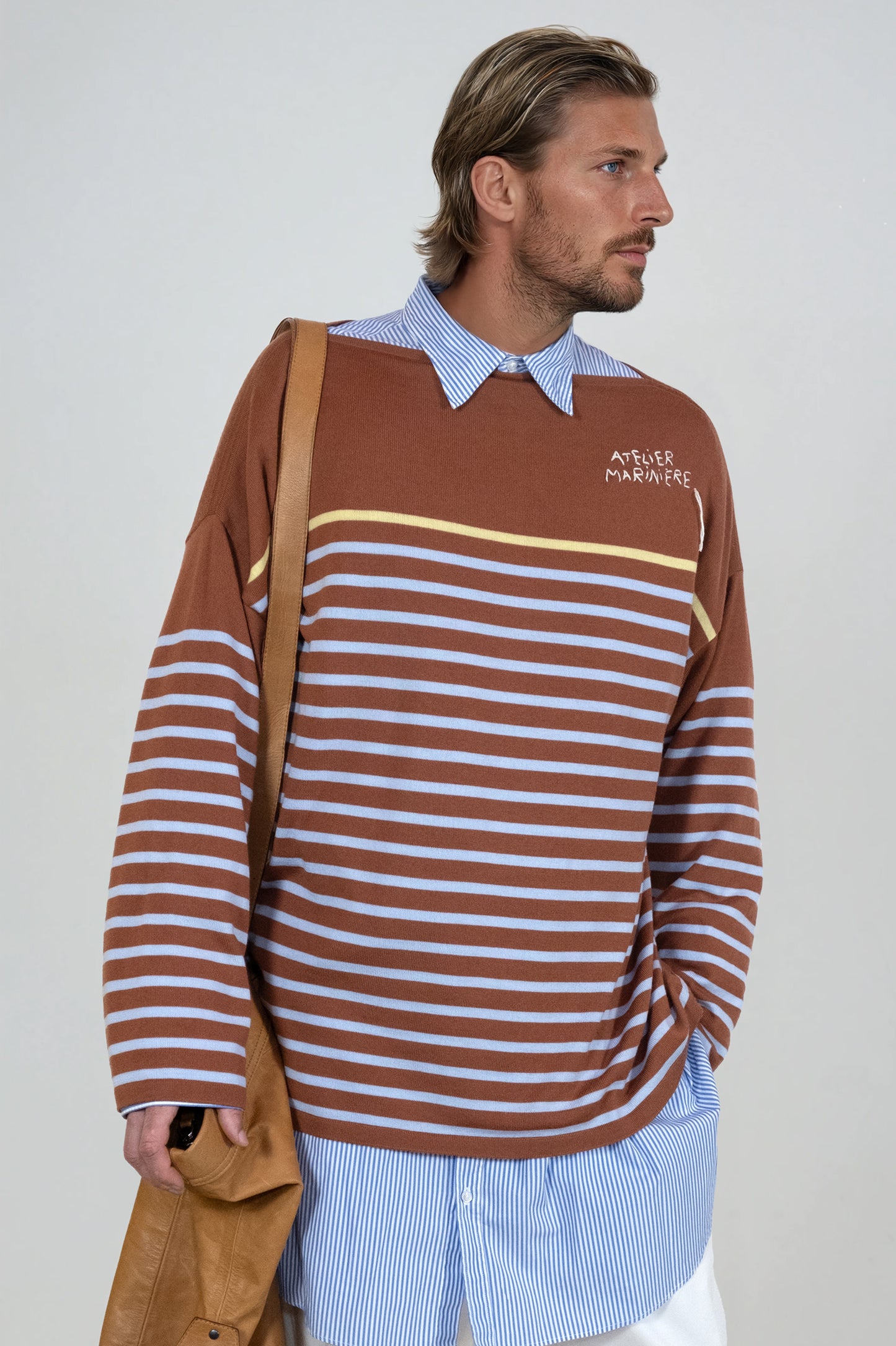 Men's Striped Breton Shirt - 100% Merino Wool - Boat Neck - Copper Brown / Light Blue Stripes