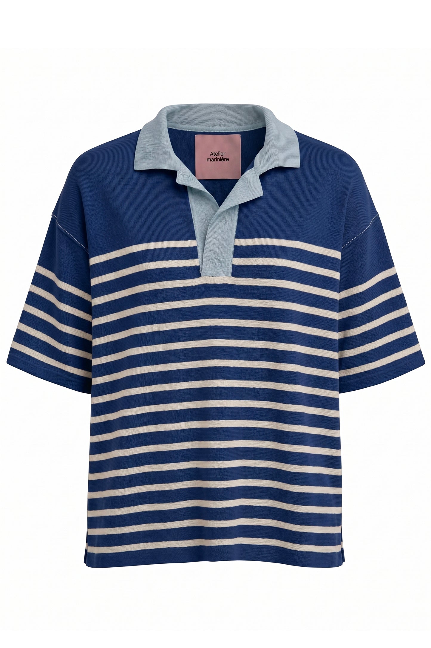 Women's Striped Oversized Cotton Polo— Navy / White / Powder Blue