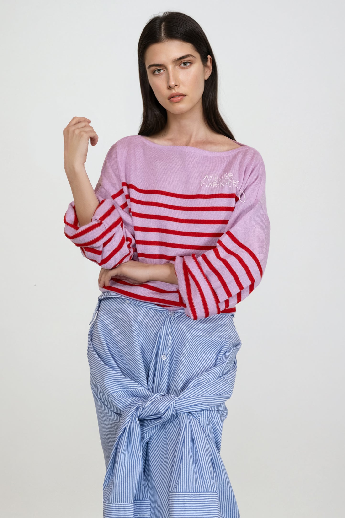 Women's Striped Breton Shirt - 100% Merino Wool - Boat Neck - Pink / Red Stripes