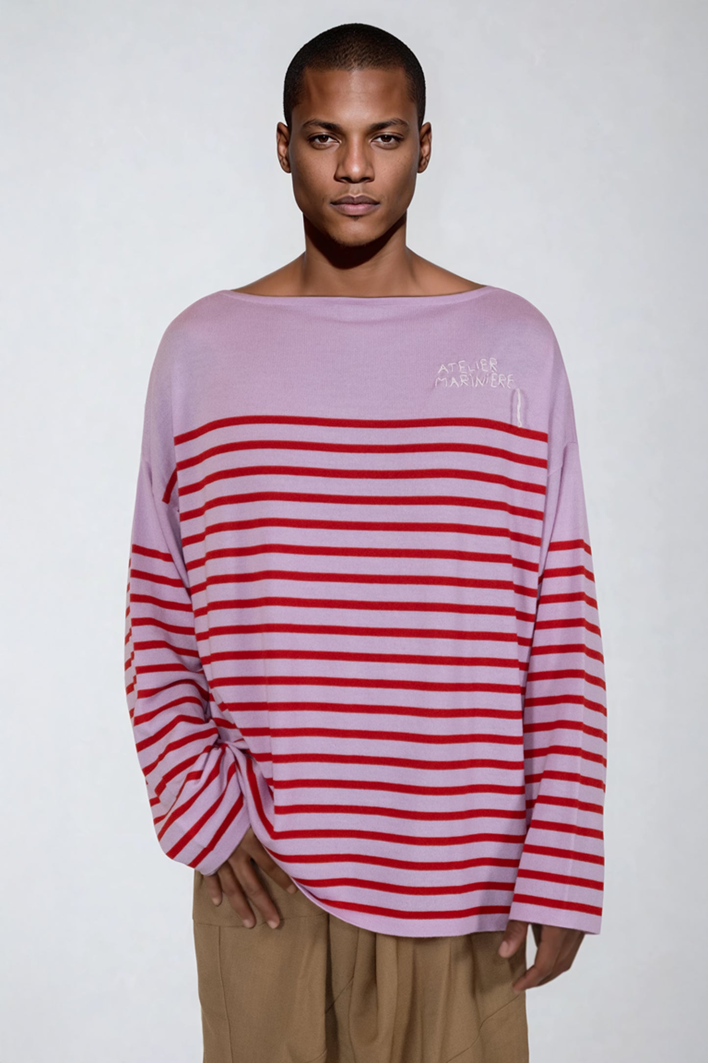 Men's Striped Breton Shirt - 100% Merino Wool - Boat Neck - Pink / Red Stripes