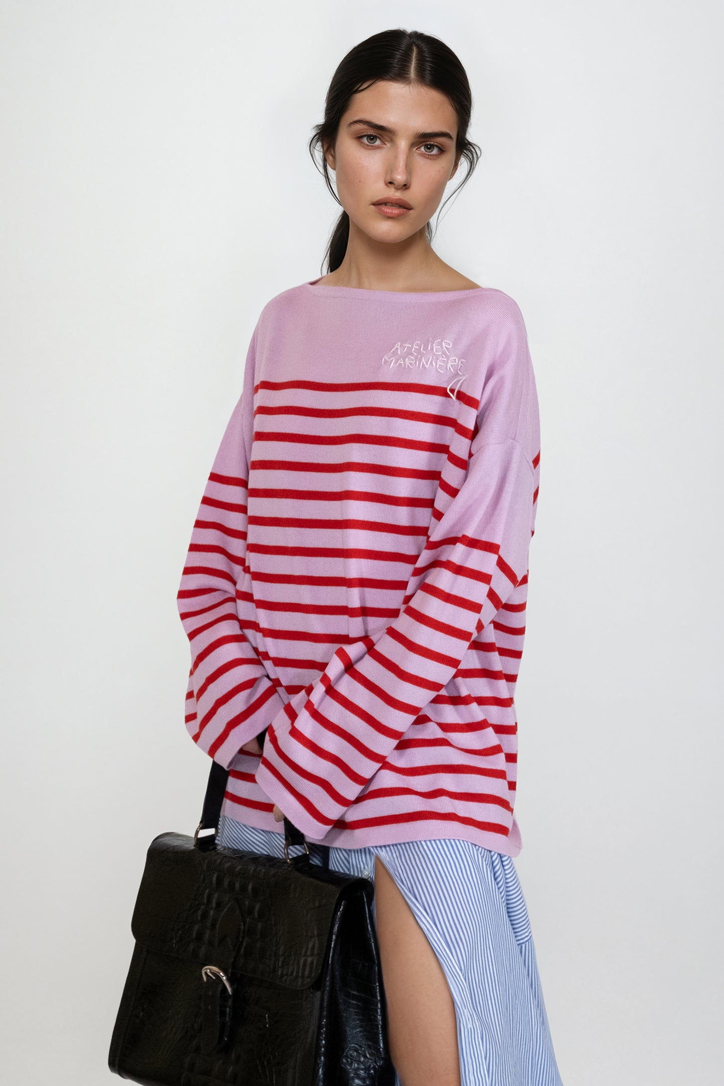 Women's Striped Breton Shirt - 100% Merino Wool - Boat Neck - Pink / Red Stripes