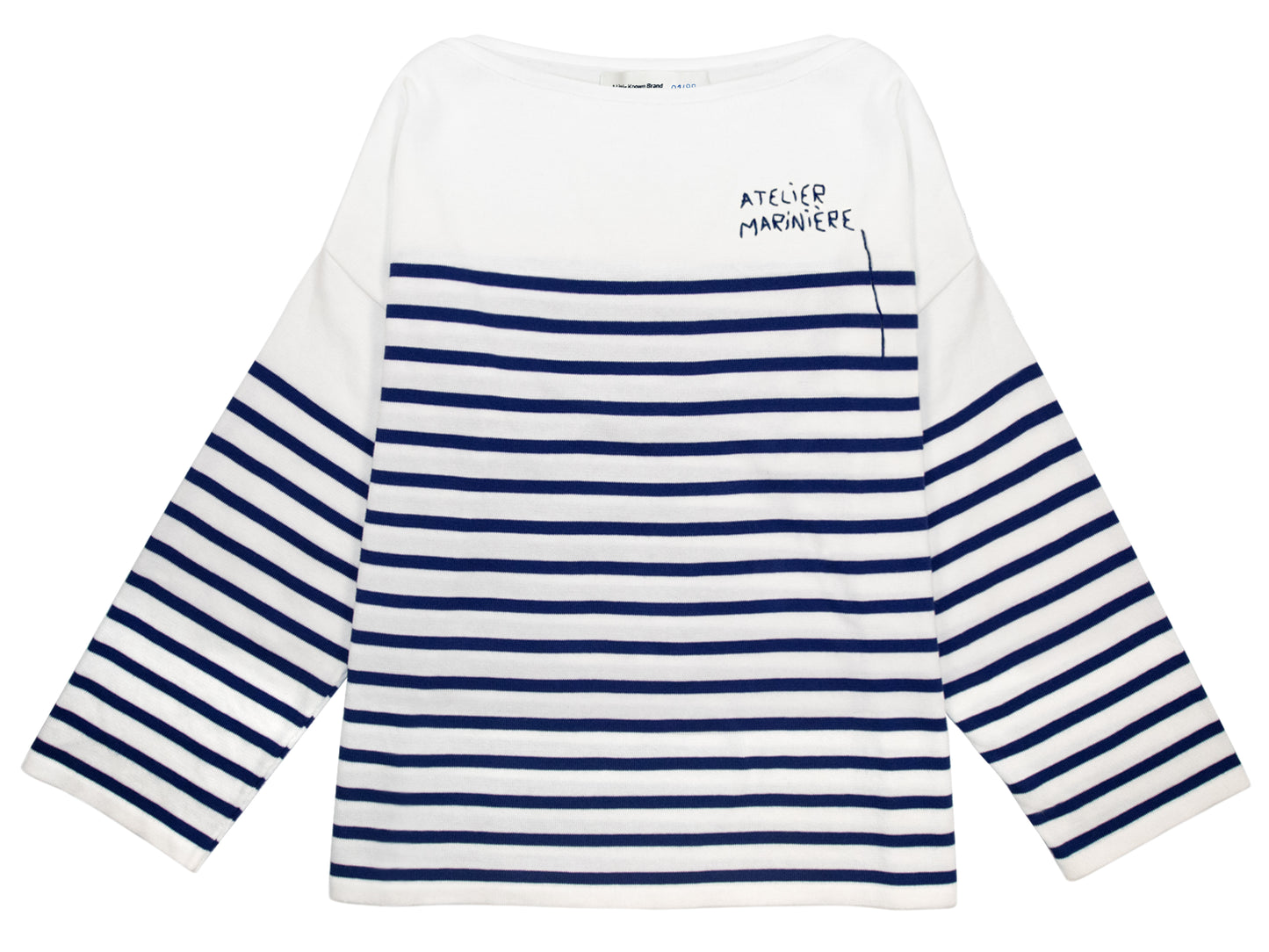 Still life of boat neck Breton shirt with white and blue stripes, a timeless Marinière design, perfect for casual wear and year-round style.