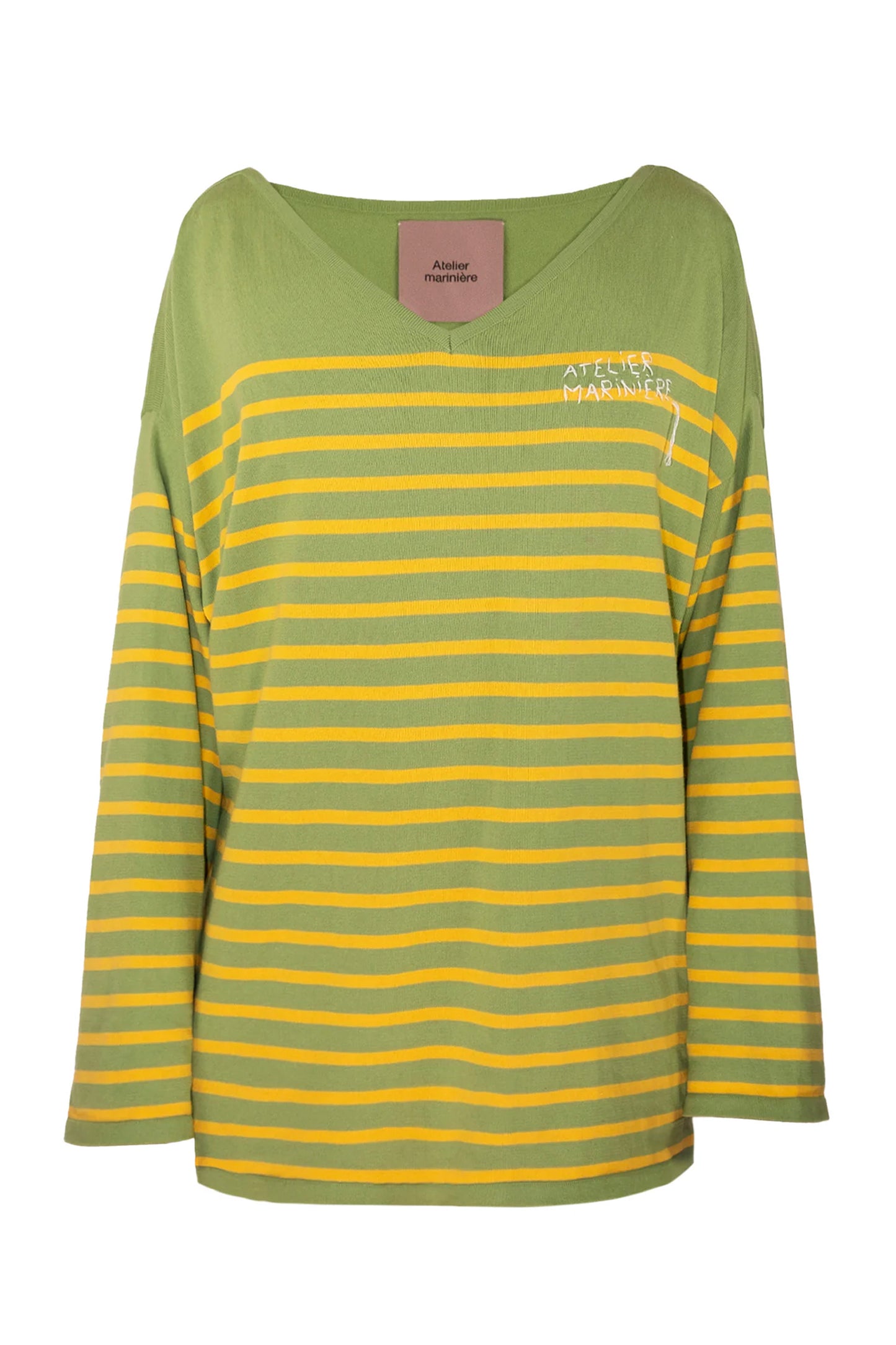 Men's Striped Breton Shirt - 100% Organic Cotton - V-Neck - Green / Mango Stripes