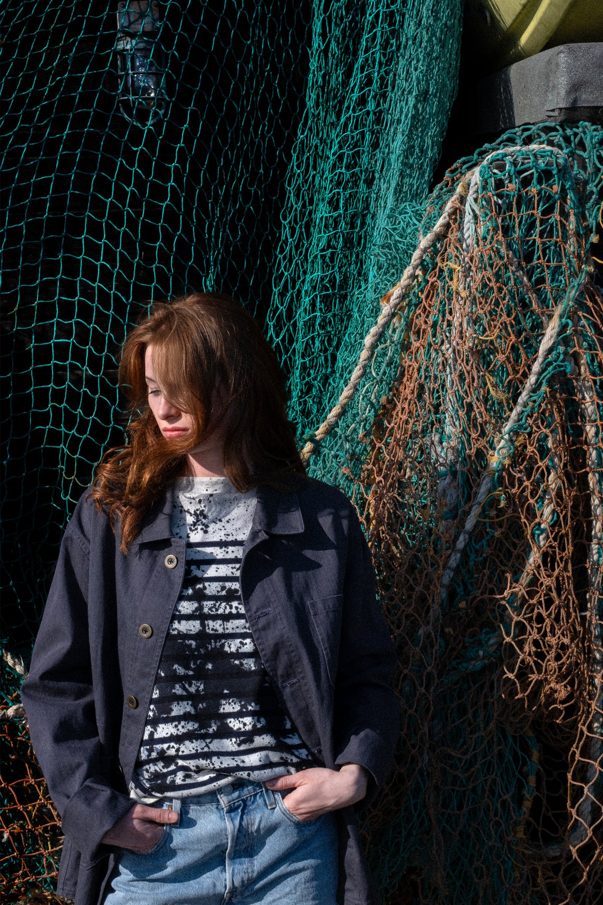 Women's French Work Jacket, 100% Cotton, Navy Blue