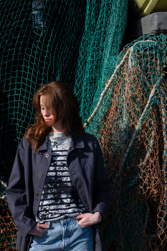 Women's French Work Jacket, 100% Cotton, Navy Blue