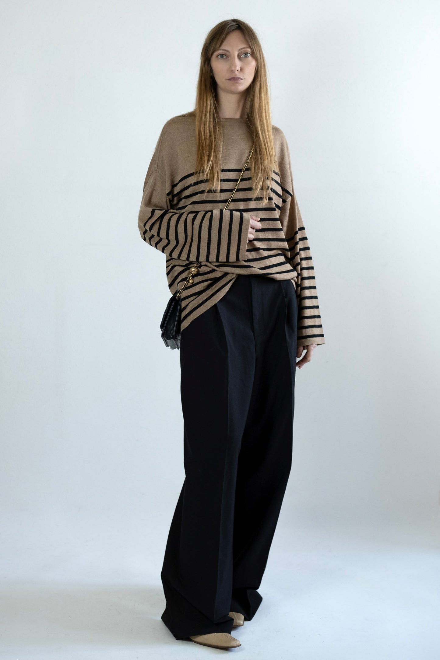 Women's Merino Breton Shirt, Hazelnut/Black Stripes