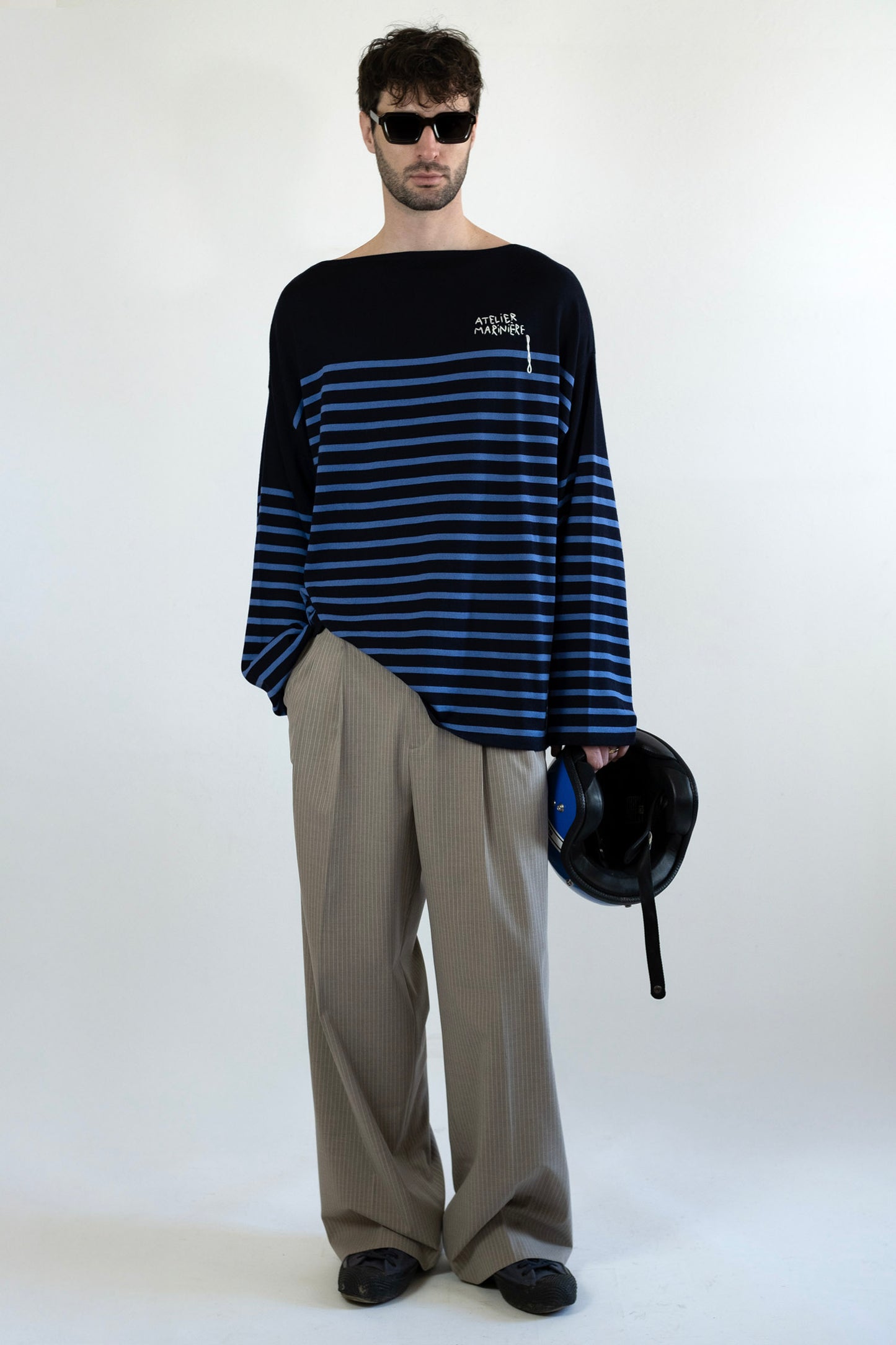 Men's Merino Breton Shirt, Navy/Dusty Blue Stripes