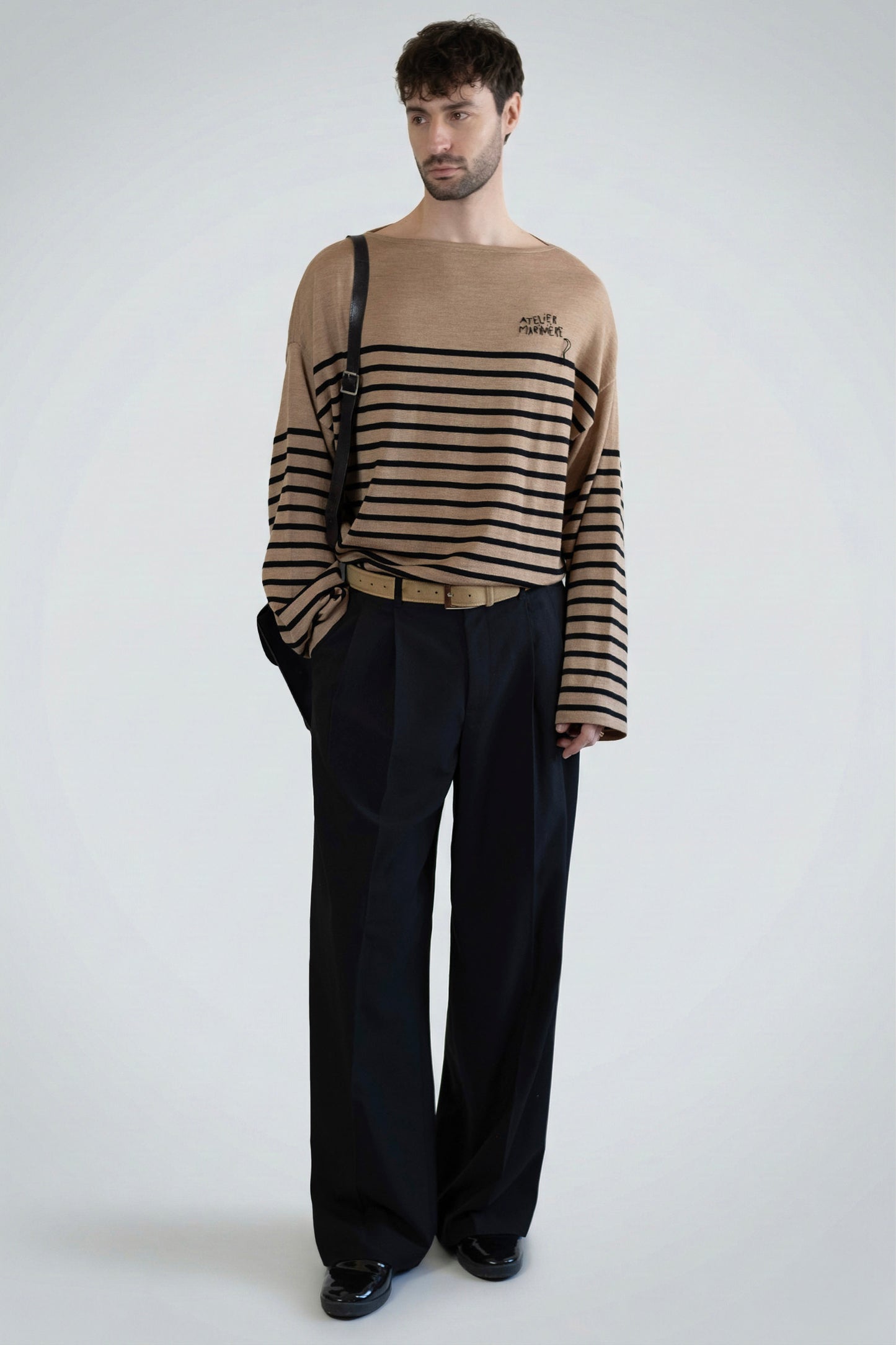 Men's Merino Breton Shirt, Hazelnut/Black Stripes