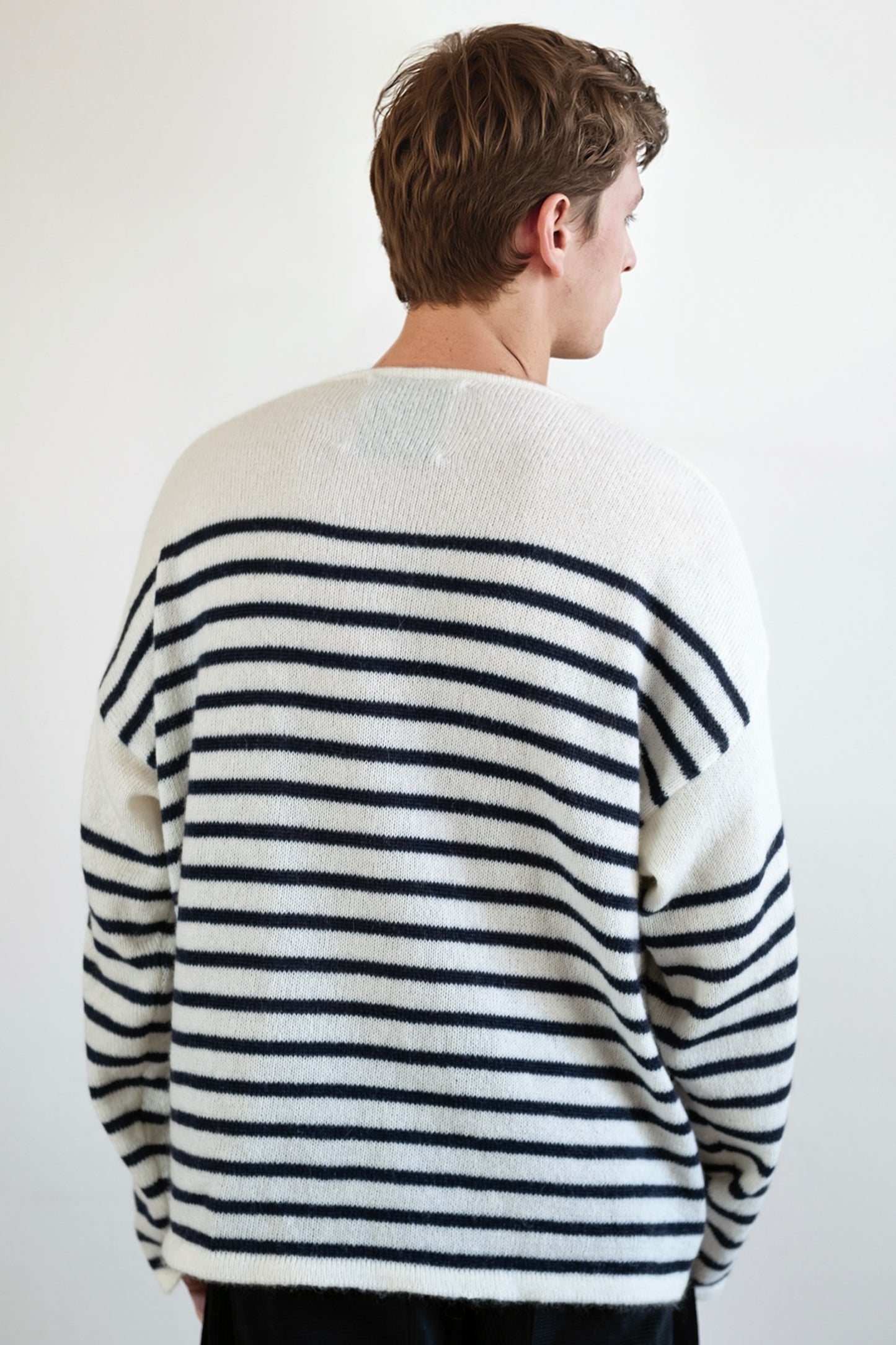 Men's Super Kid Mohair Sweater, White/Navy Stripes