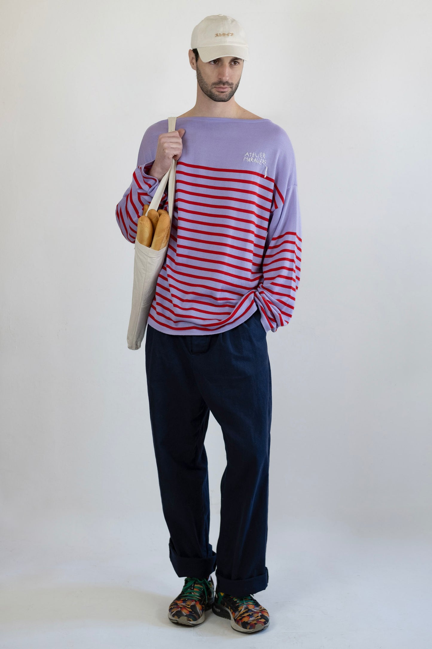 Men's Merino Breton Shirt, Lillac/Red Stripes