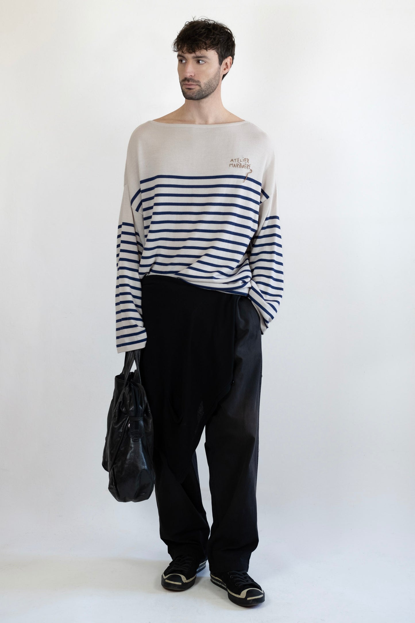 Men's Merino Breton Shirt, Chalk White/Faded Navy Stripes