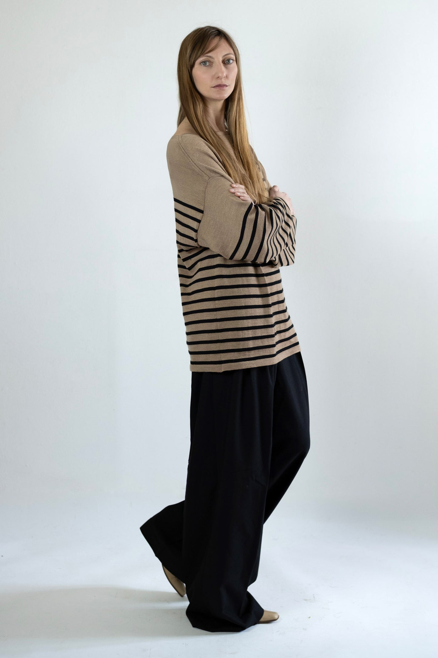 Women's Merino Breton Shirt, Hazelnut/Black Stripes