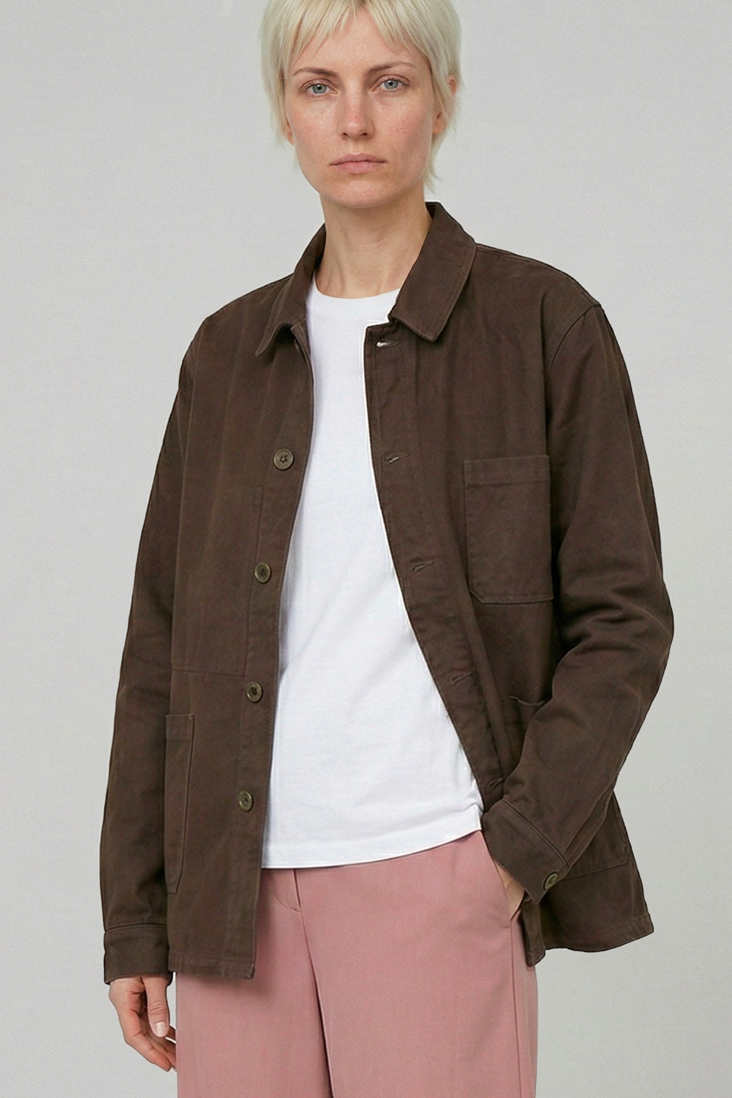 Women's French Work Jacket, 100% Cotton, Chocolate Brown
