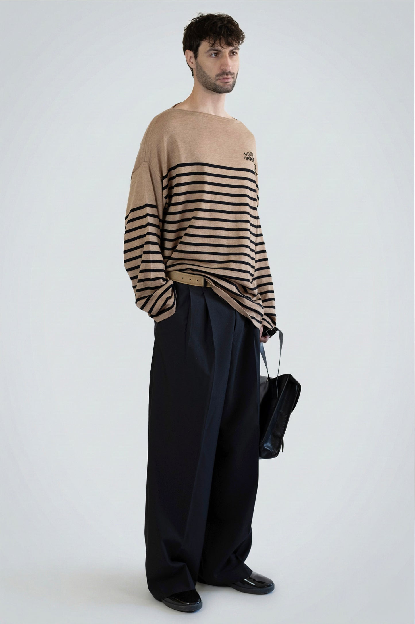 Men's Merino Breton Shirt, Hazelnut/Black Stripes