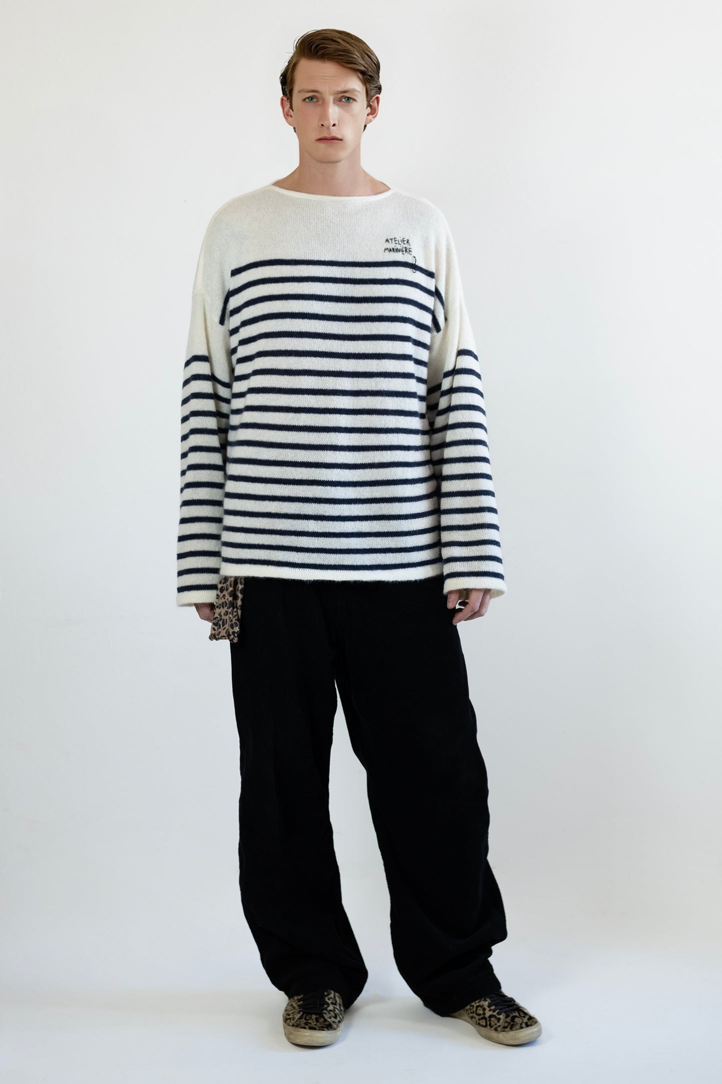 Men's Super Kid Mohair Sweater, White/Navy Stripes