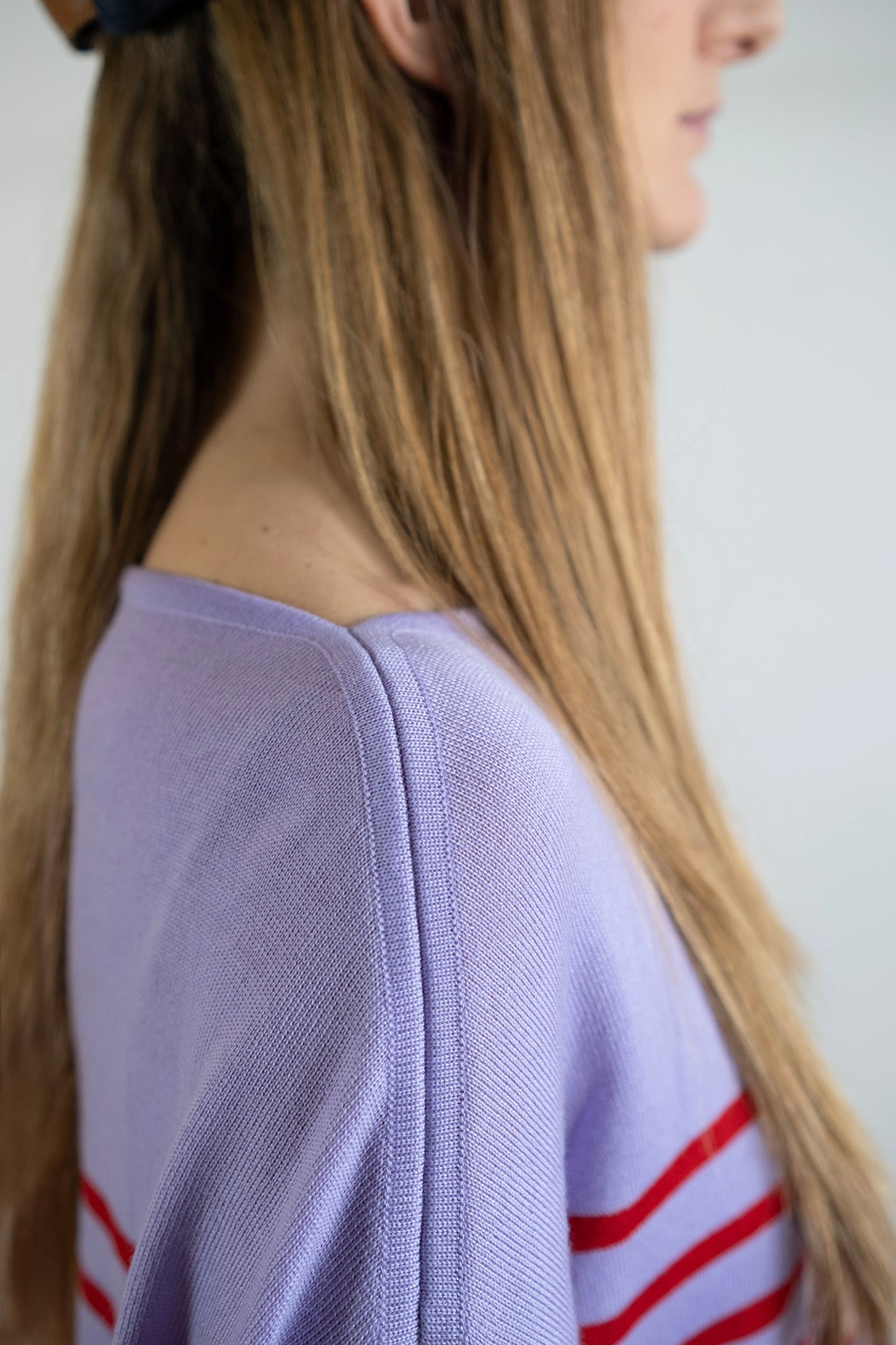 Women's Merino Breton Shirt, Lillac/Red Stripes