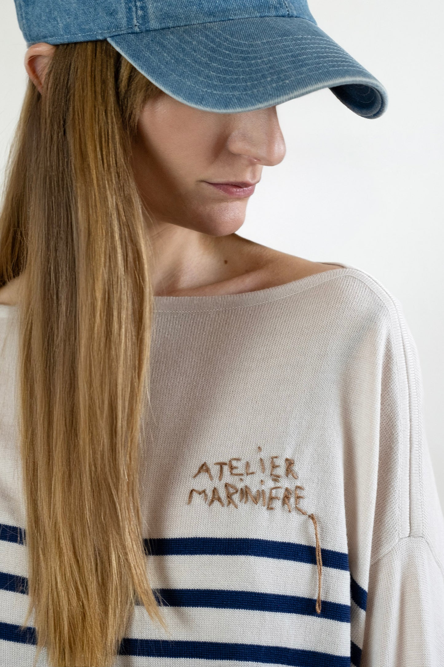 Women's Merino Breton Shirt, Chalk White/Faded Navy Stripes