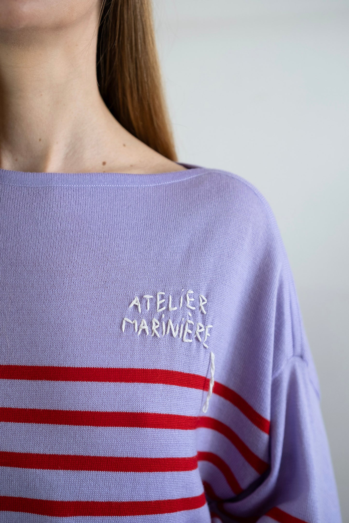 Women's Merino Breton Shirt, Lillac/Red Stripes