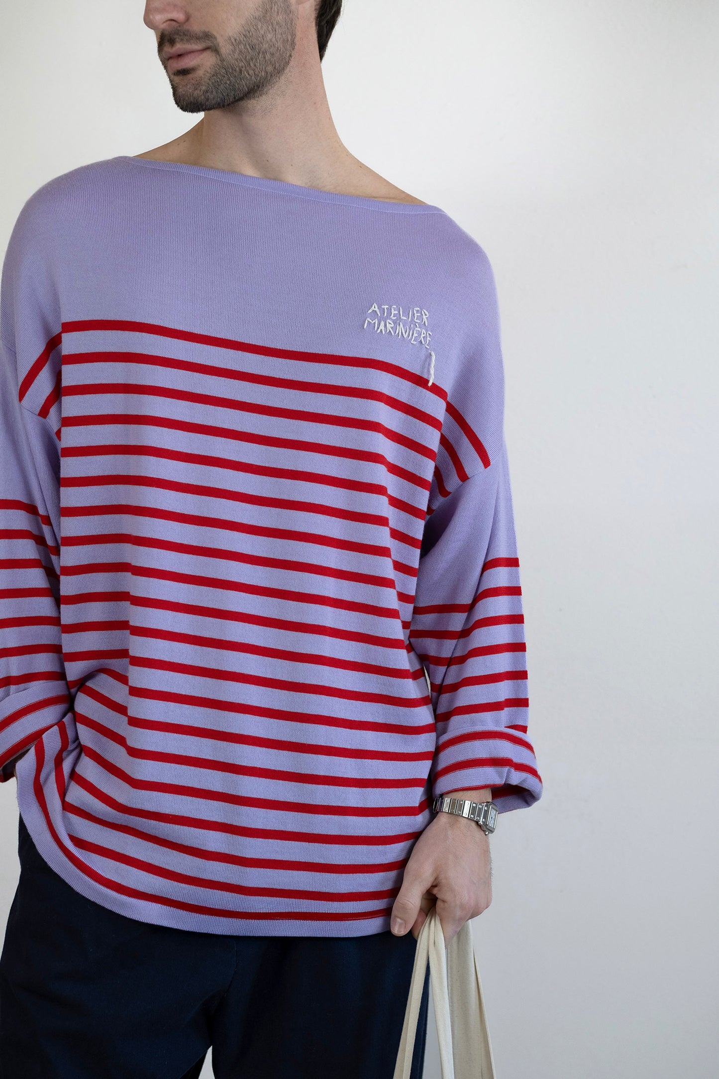 Men's Merino Breton Shirt, Lillac/Red Stripes