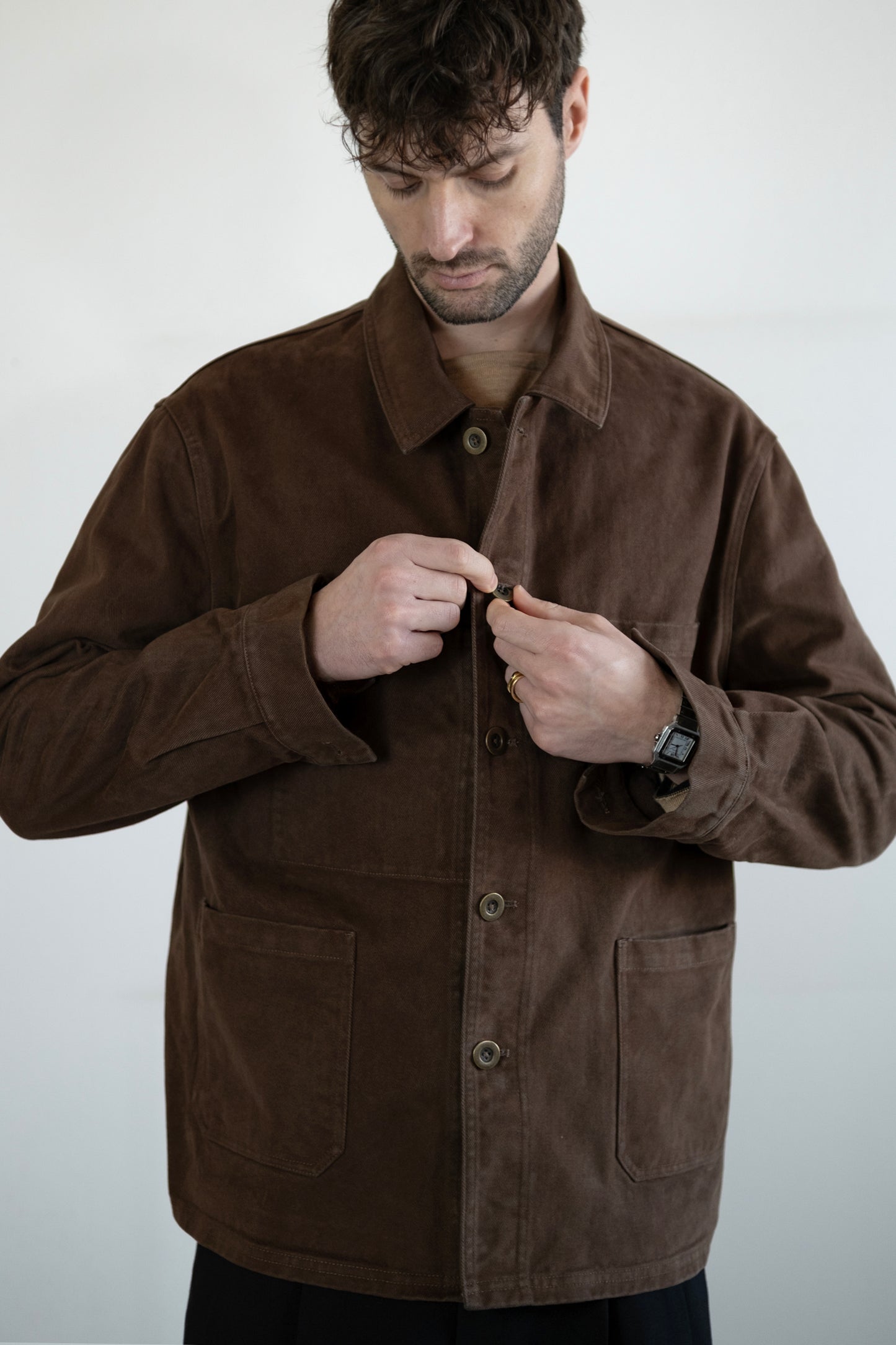 Men's French Work Jacket, 100% Cotton, Chocolate Brown
