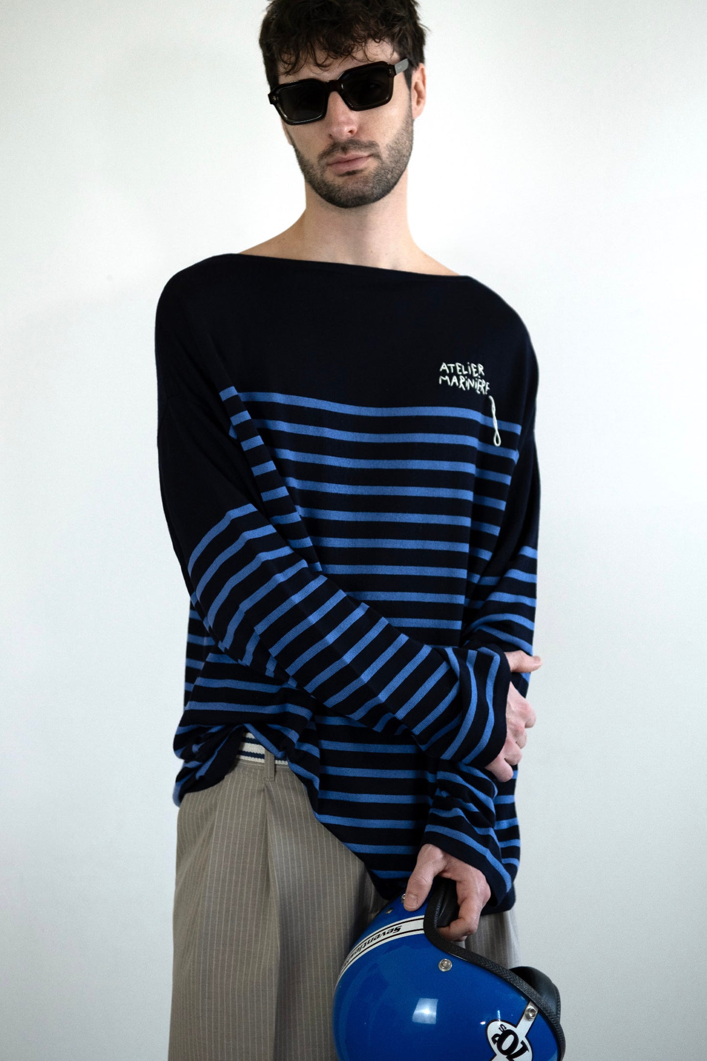 Men's Merino Breton Shirt, Navy/Dusty Blue Stripes