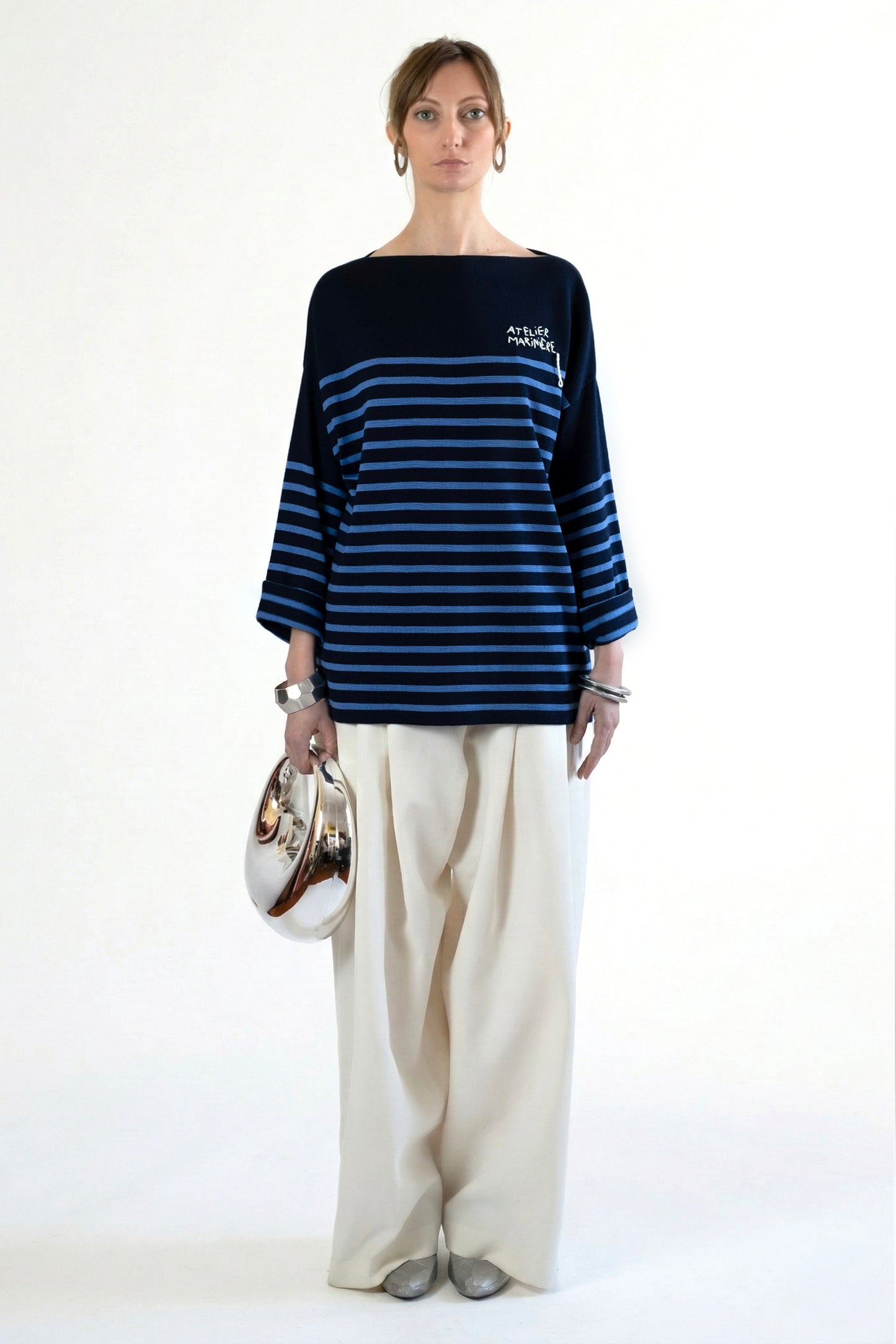 Women's Merino Breton Shirt, Navy/Dusty Blue Stripes