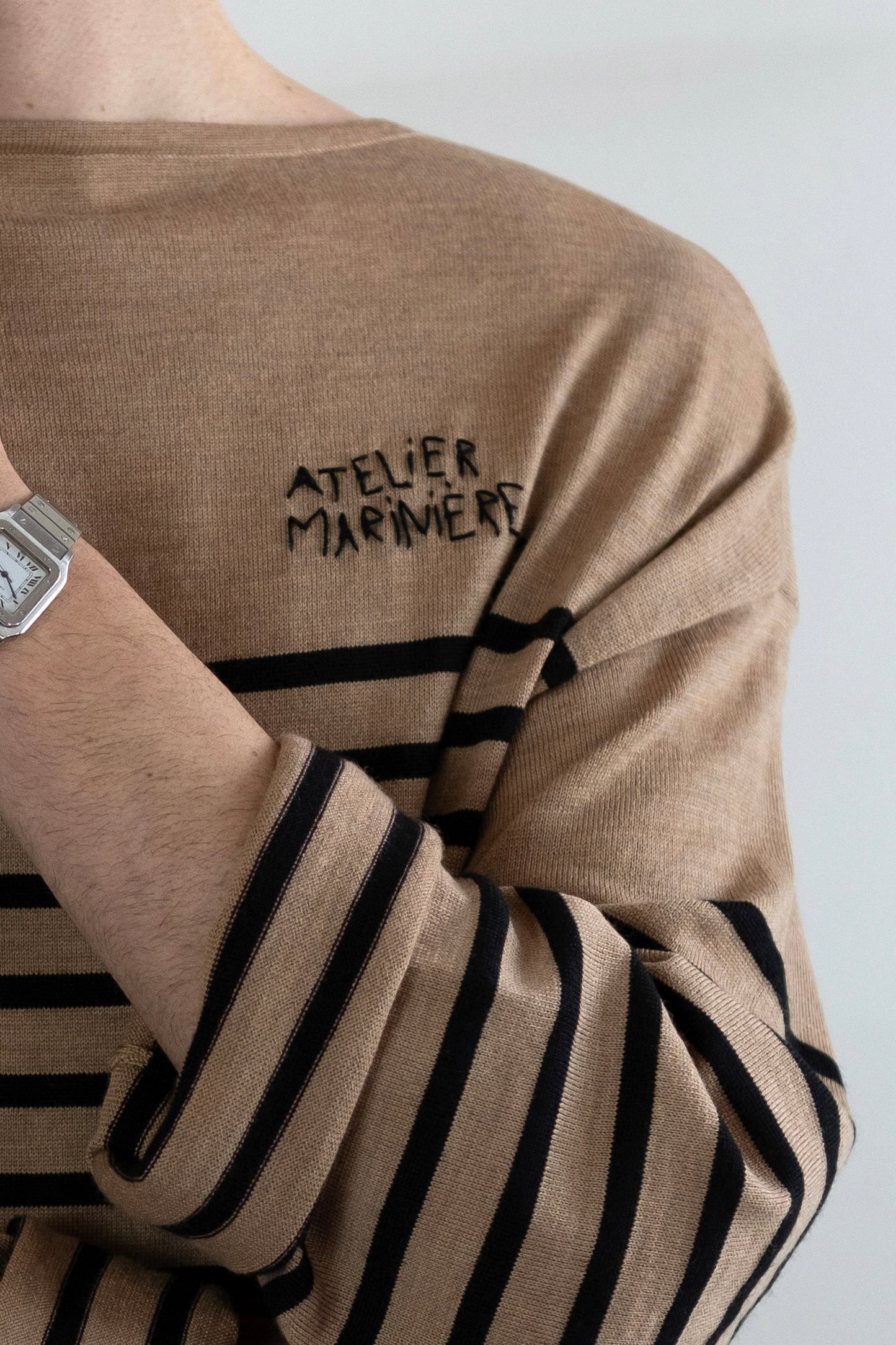 Men's Merino Breton Shirt, Hazelnut/Black Stripes