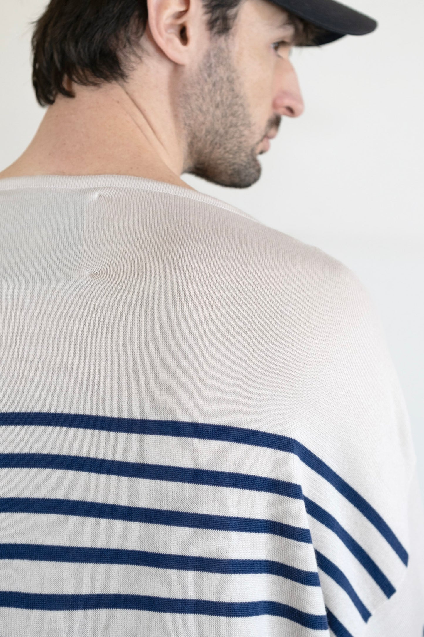 Men's Merino Breton Shirt, Chalk White/Faded Navy Stripes